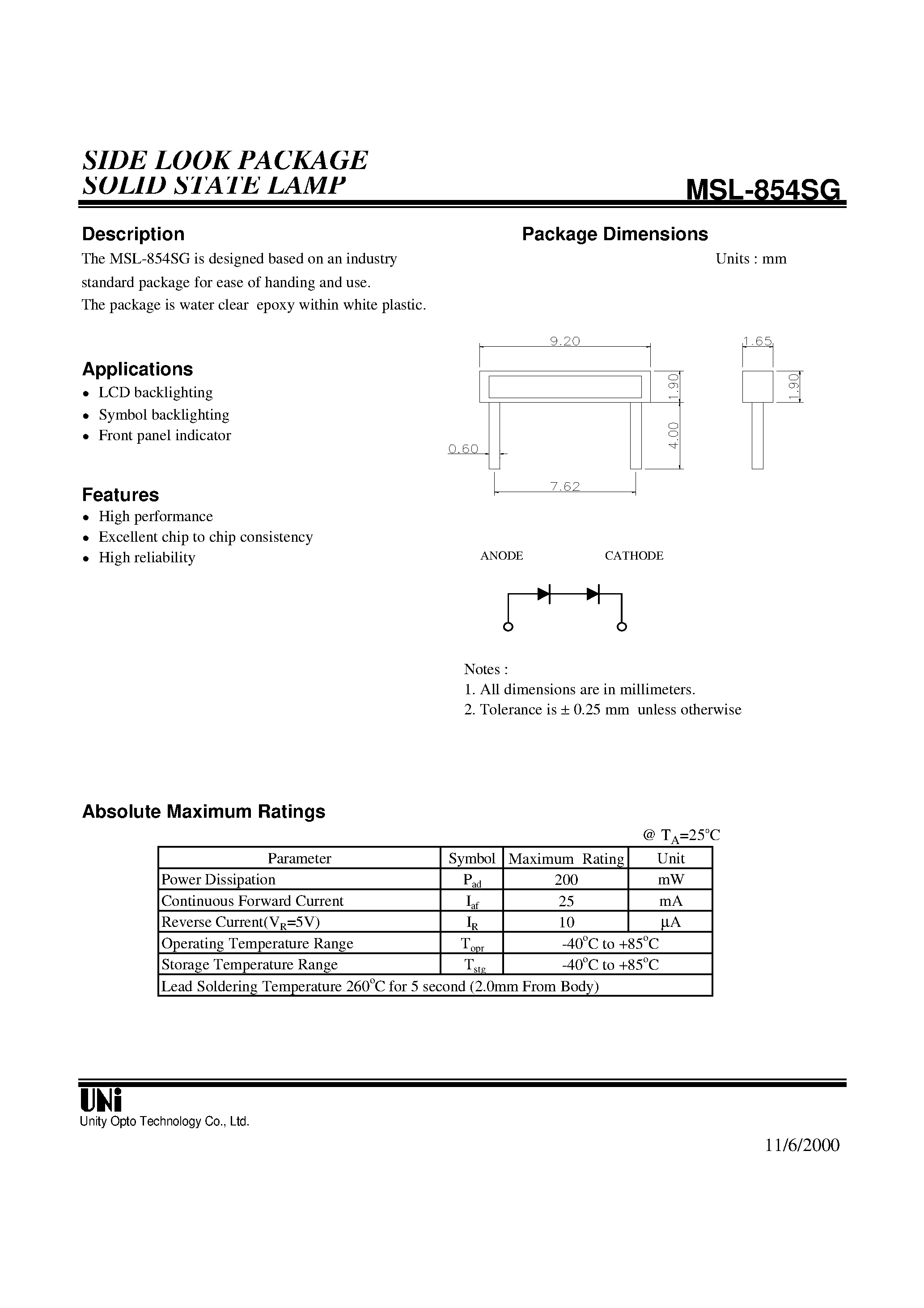 Datasheet MSL-854SG - SIDE LOOK PACKAGE SOLID STATE LAMP page 1