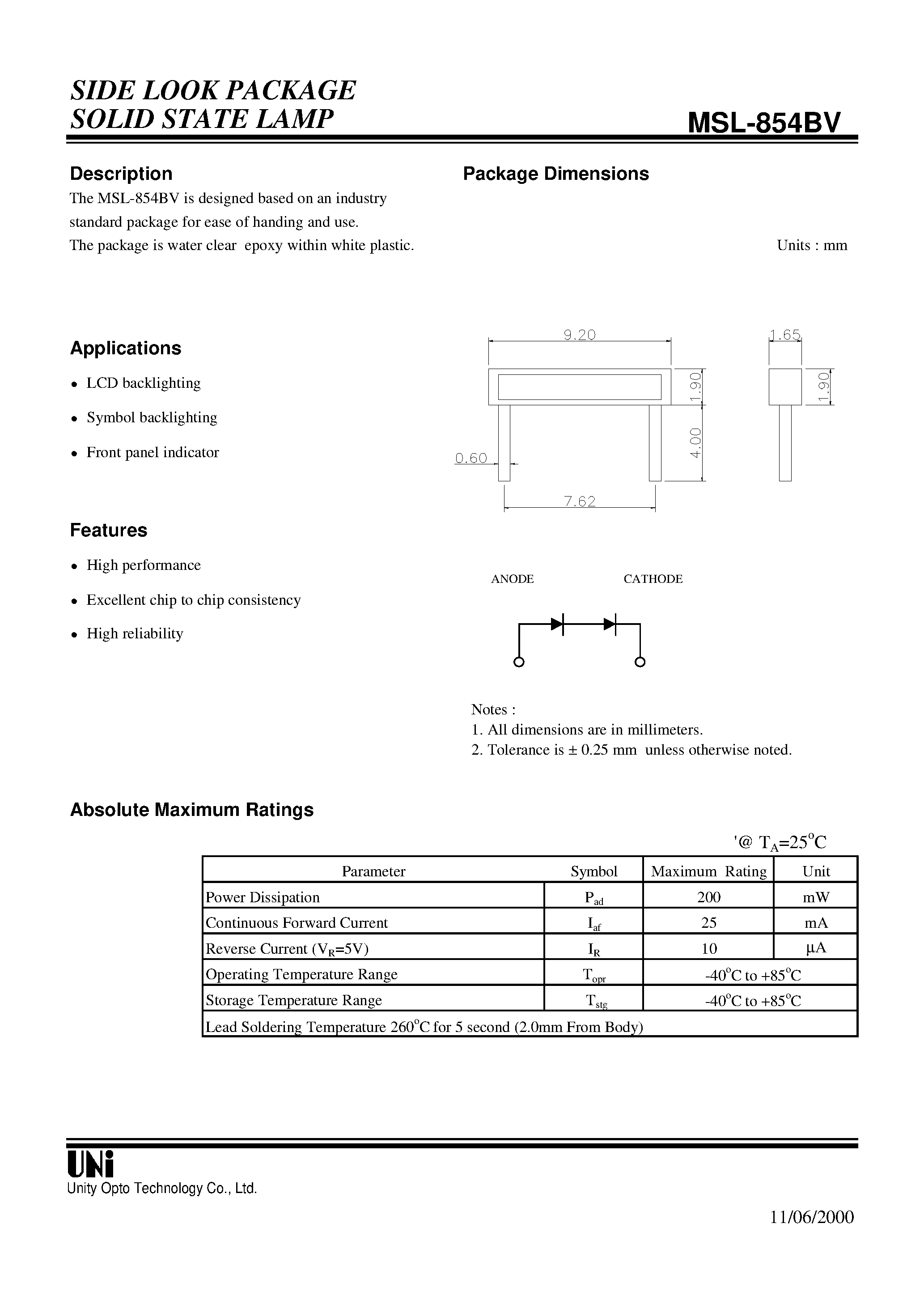 Datasheet MSL-854BV - SIDE LOOK PACKAGE SOLID STATE LAMP page 1