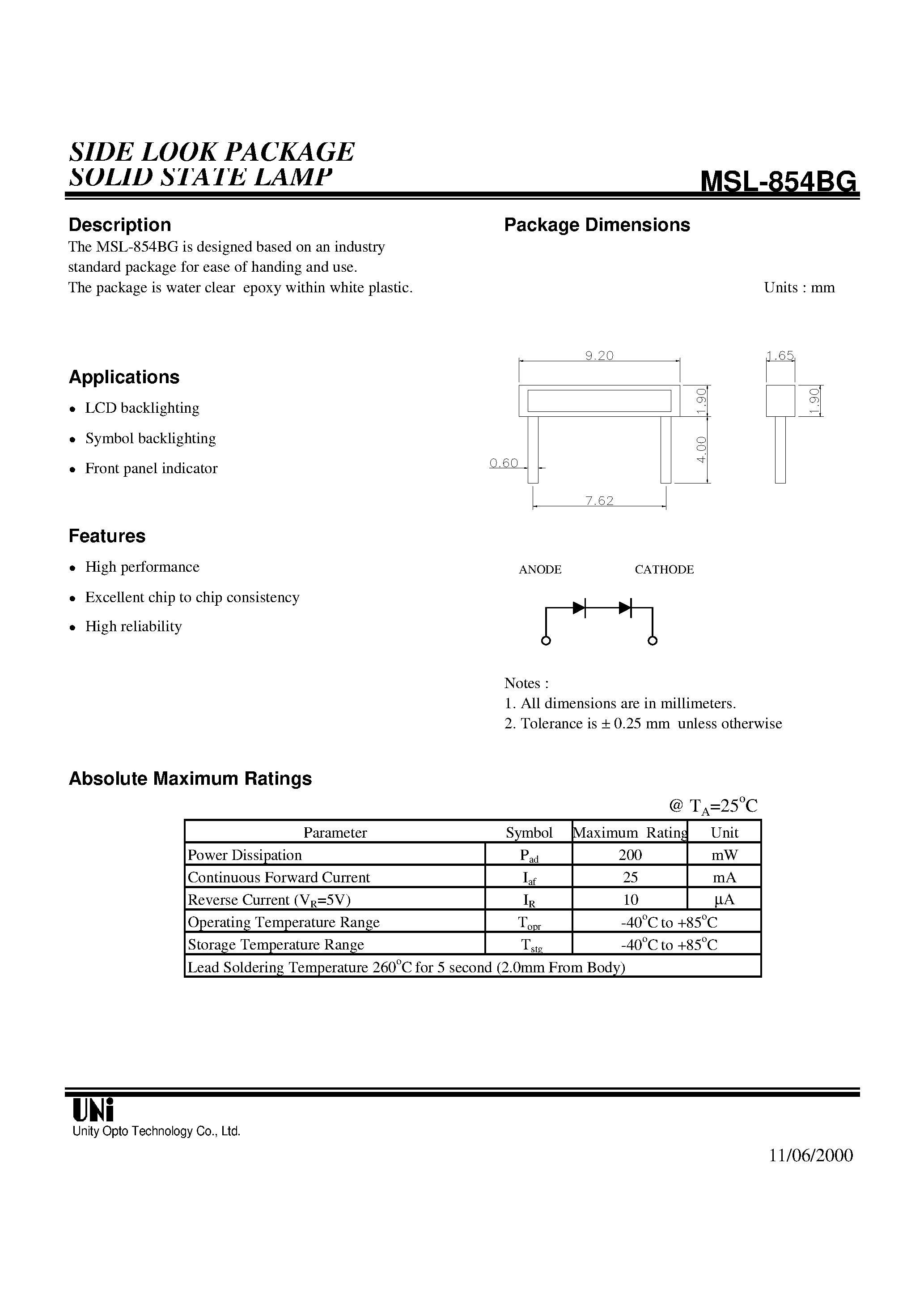 Datasheet MSL-854BG - SIDE LOOK PACKAGE SOLID STATE LAMP page 1