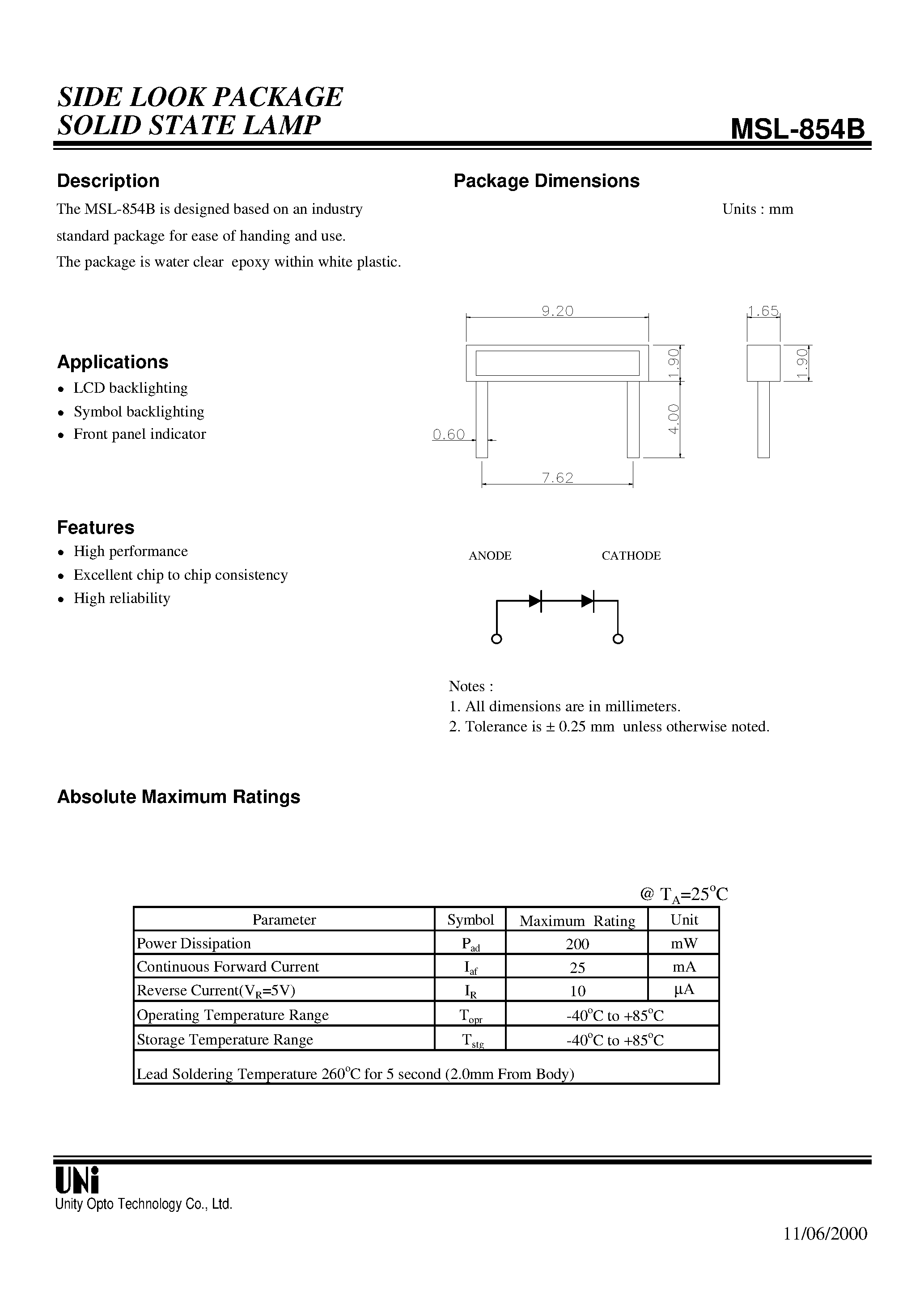 Datasheet MSL-854B - SIDE LOOK PACKAGE SOLID STATE LAMP page 1