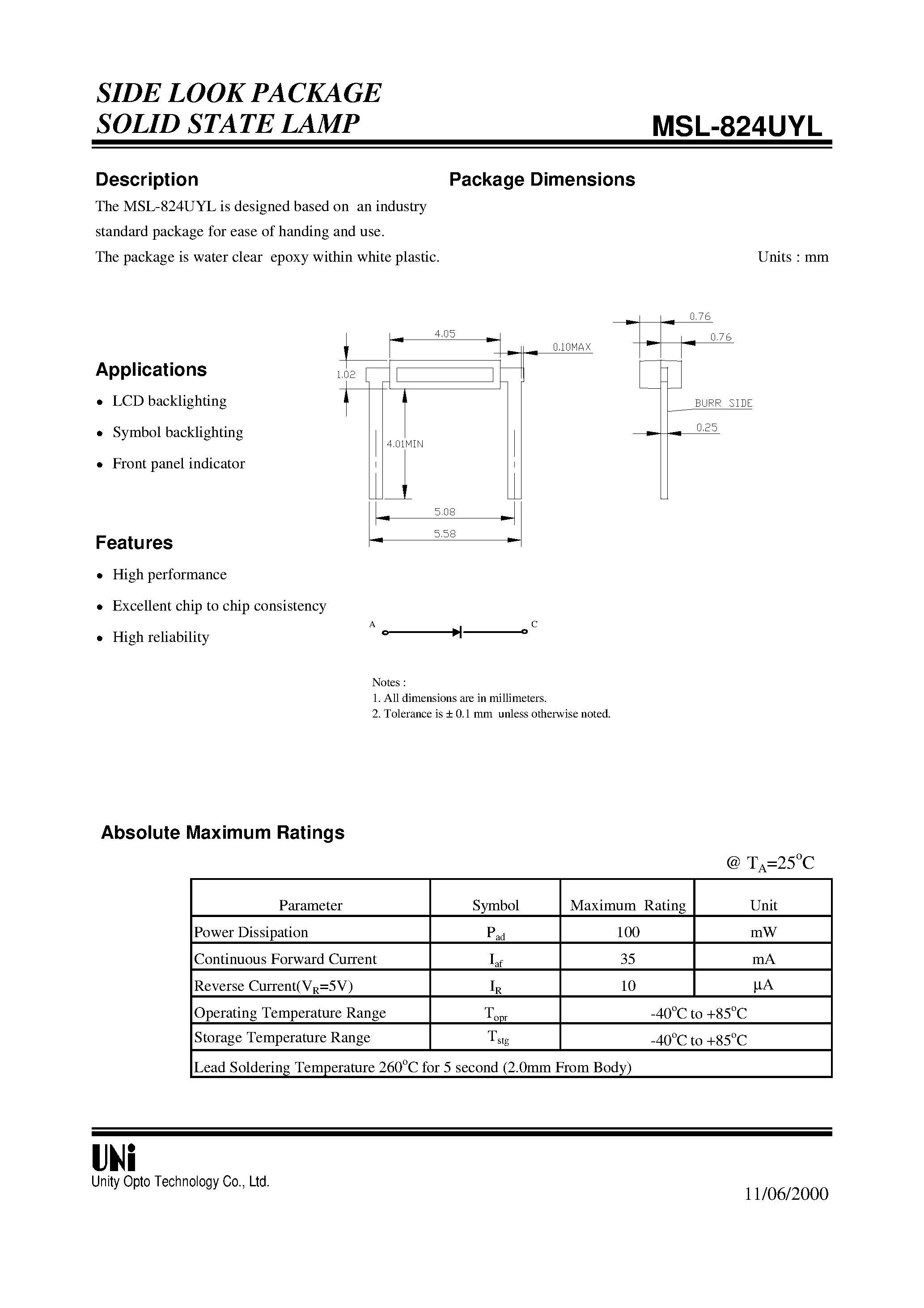 Datasheet MSL-824UYL - SIDE LOOK PACKAGE SOLID STATE LAMP page 1