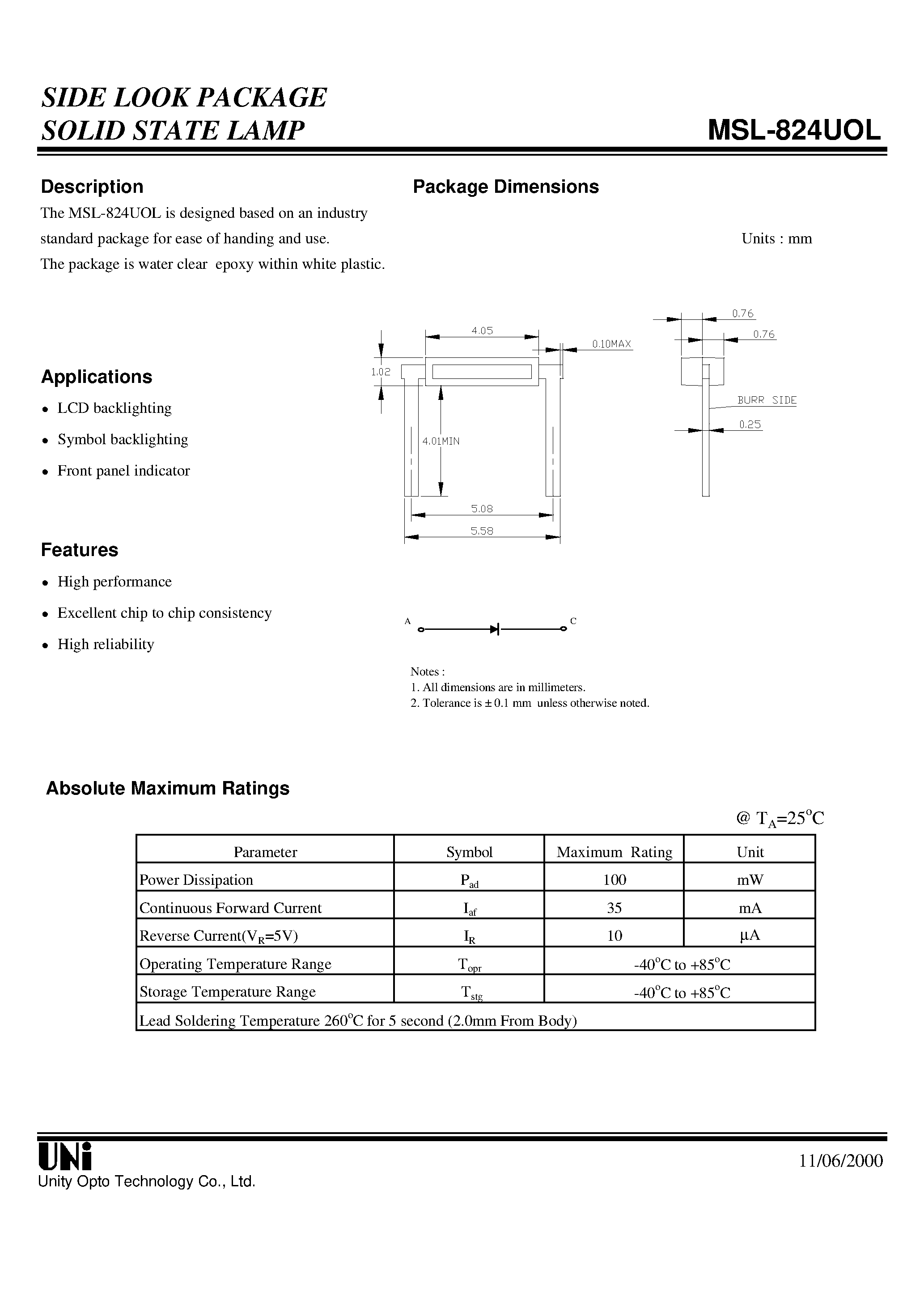 Datasheet MSL-824UOL - SIDE LOOK PACKAGE SOLID STATE LAMP page 1