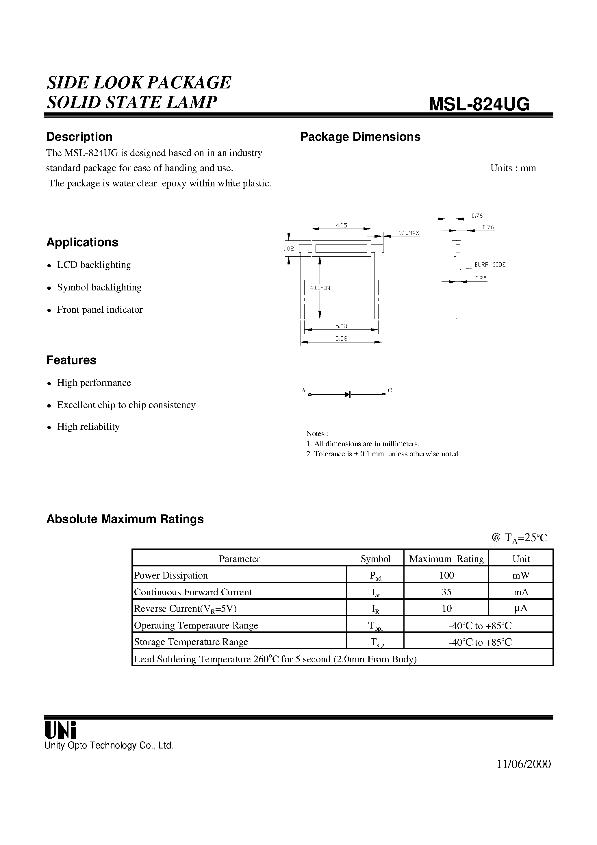 Datasheet MSL-824UG - SIDE LOOK PACKAGE SOLID STATE LAMP page 1