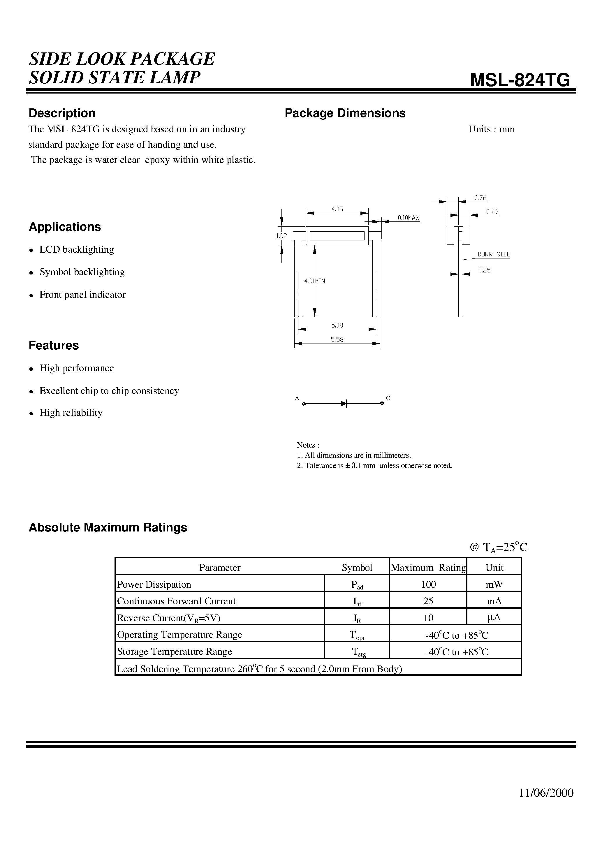 Datasheet MSL-824TG - SIDE LOOK PACKAGE SOLID STATE LAMP page 1