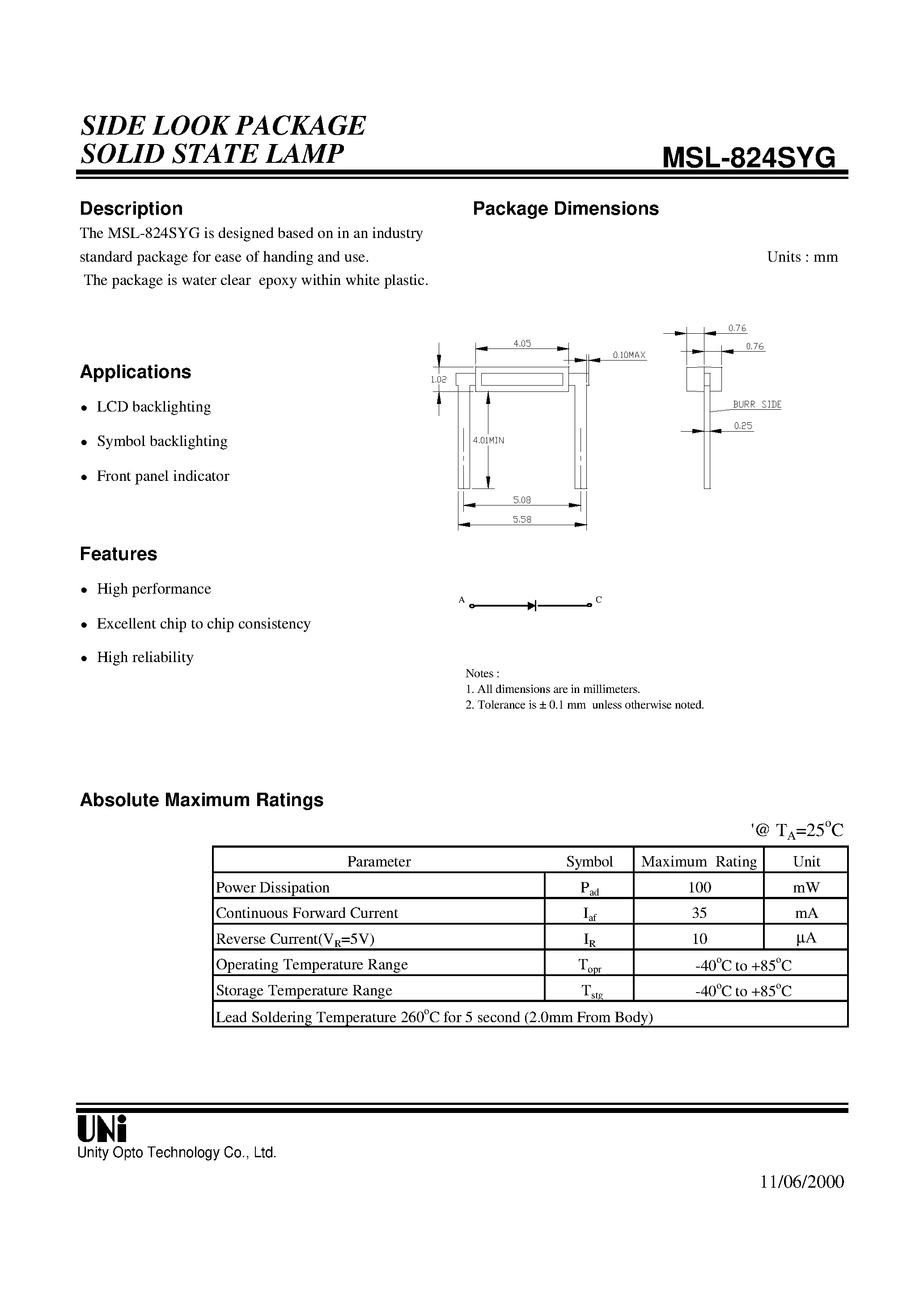 Datasheet MSL-824SYG - SIDE LOOK PACKAGE SOLID STATE LAMP page 1