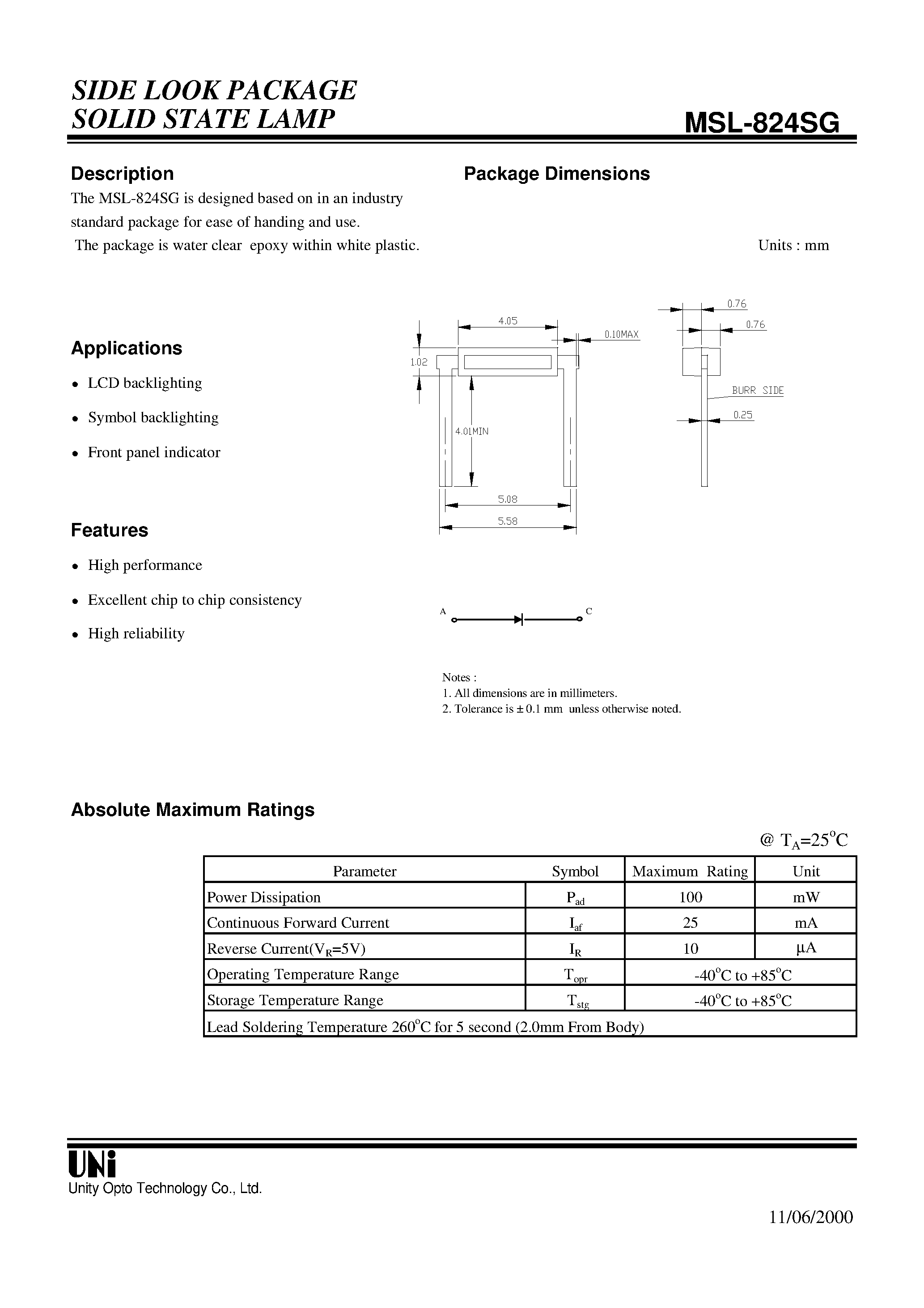 Datasheet MSL-824SG - SIDE LOOK PACKAGE SOLID STATE LAMP page 1