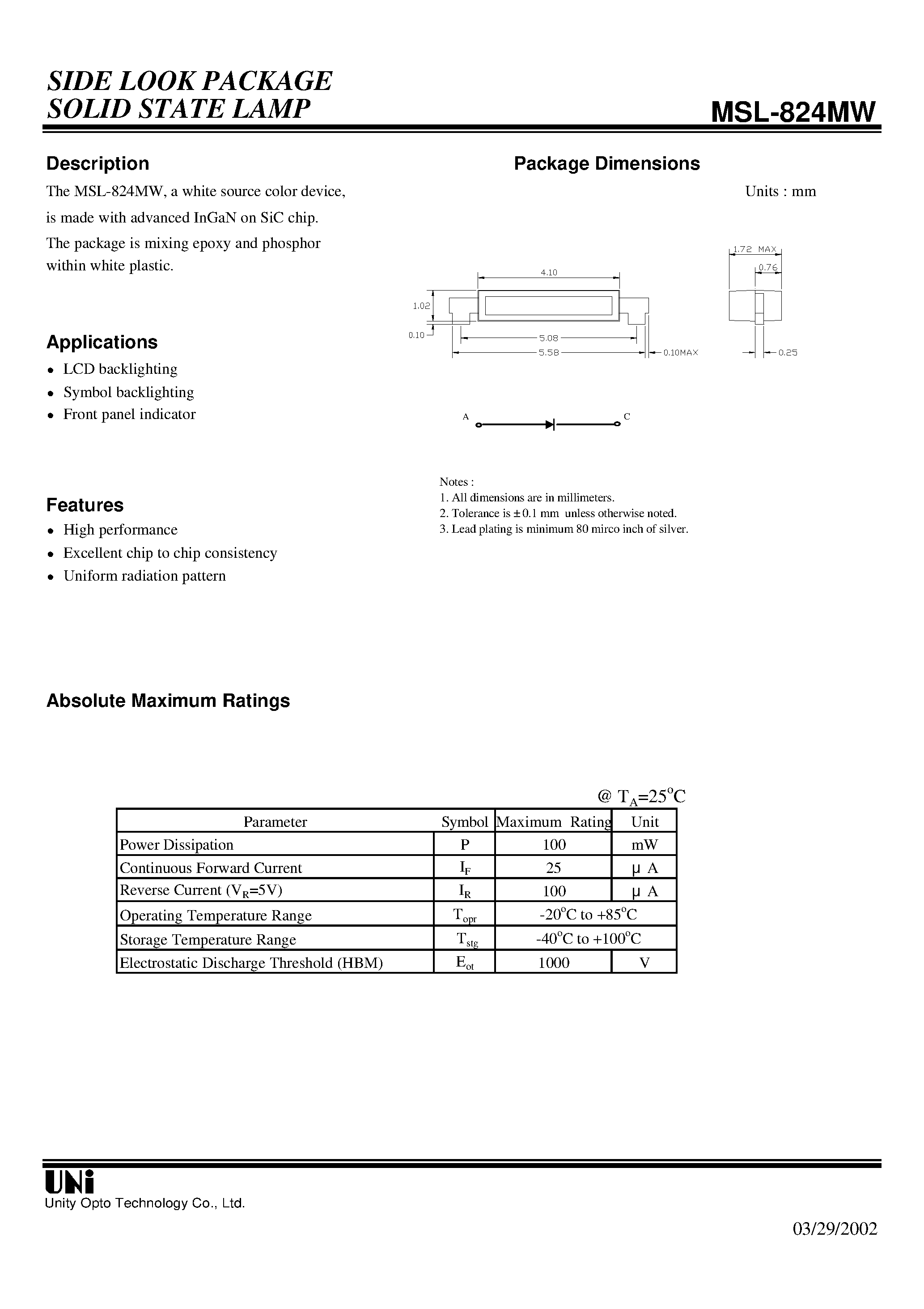 Datasheet MSL-824MW - SIDE LOOK PACKAGE SOLID STATE LAMP page 1