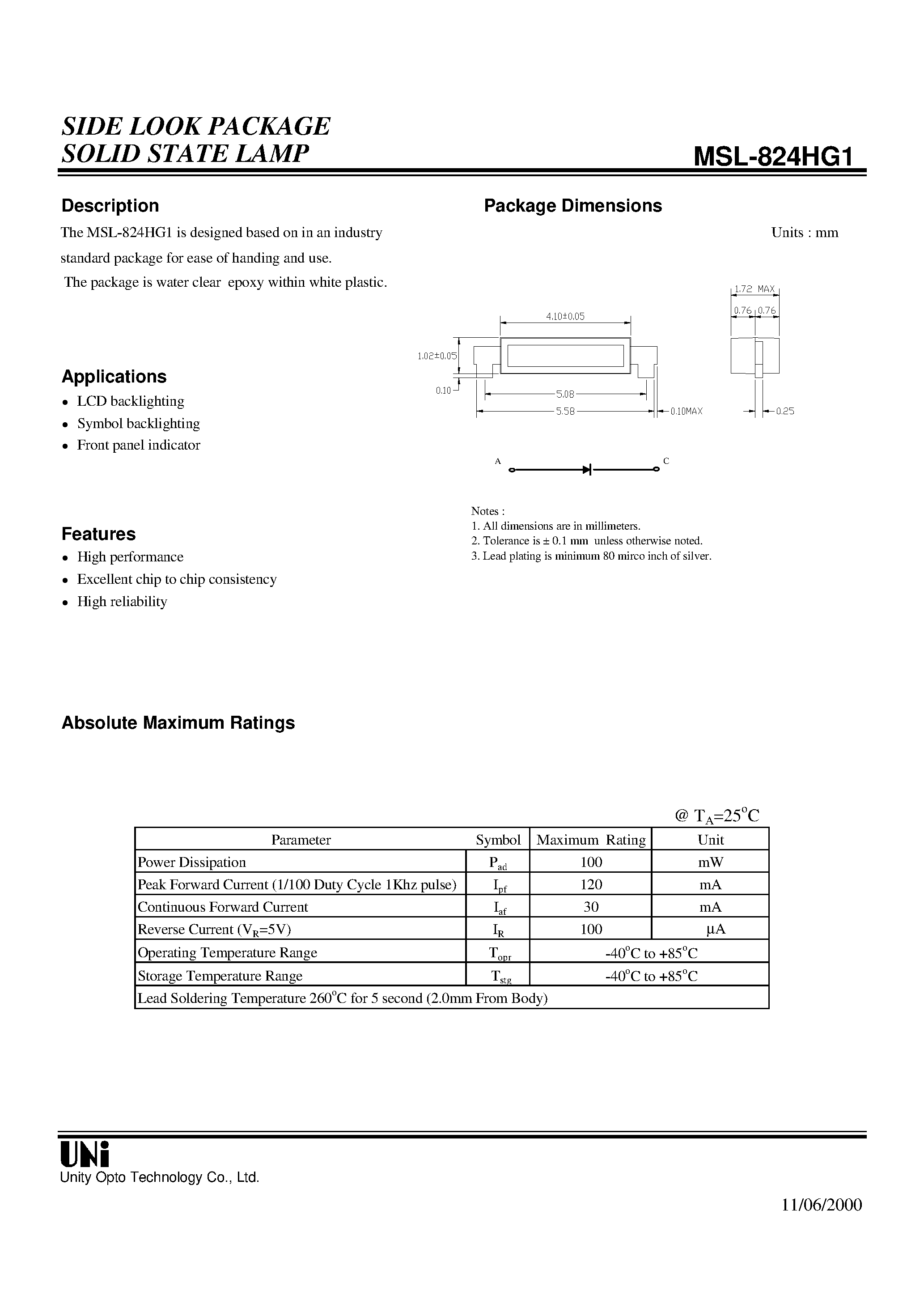 Datasheet MSL-824HG1 - SIDE LOOK PACKAGE SOLID STATE LAMP page 1
