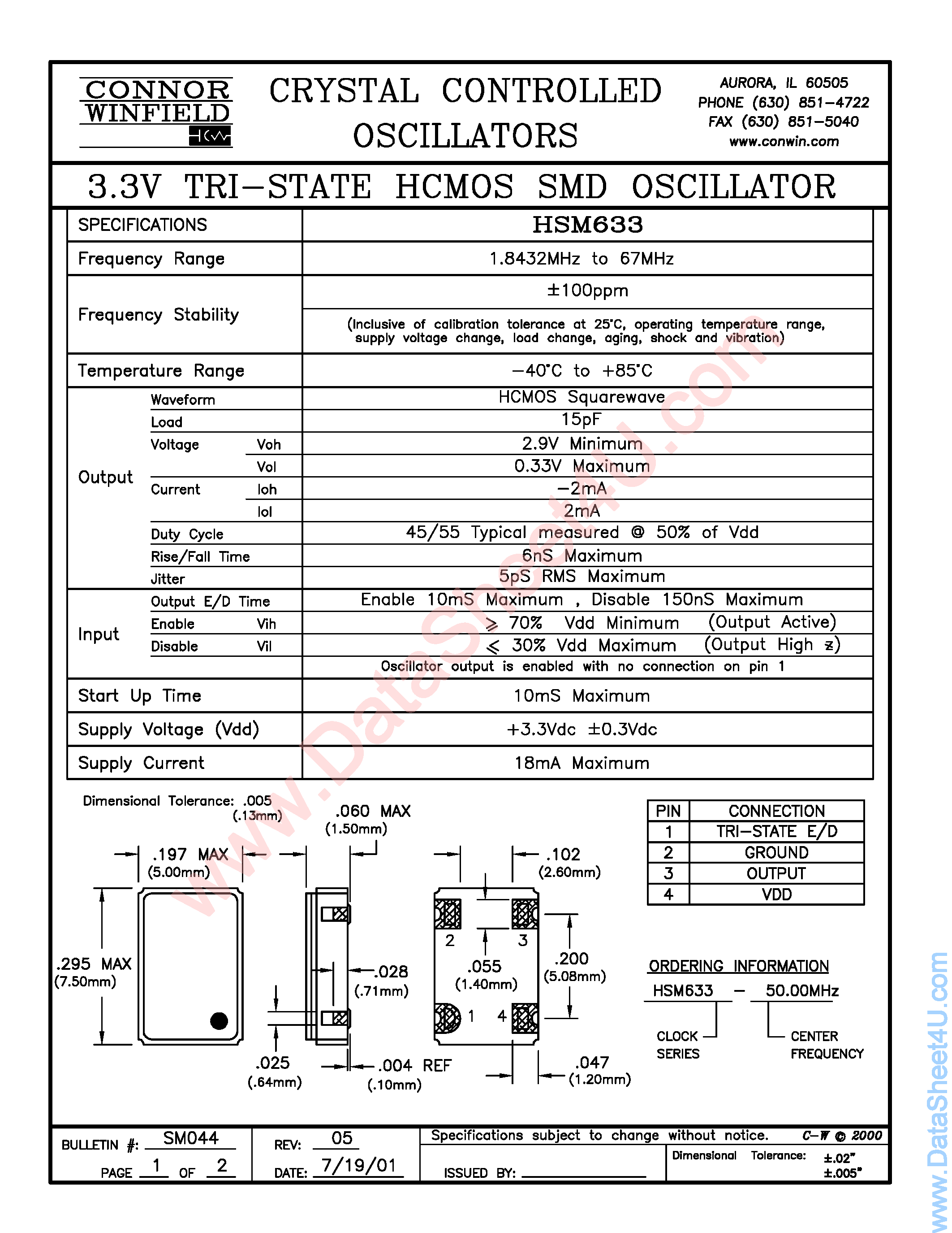 Даташит HSM633 - 3.3V Tri-State HCMOS SMD Oscillator страница 1