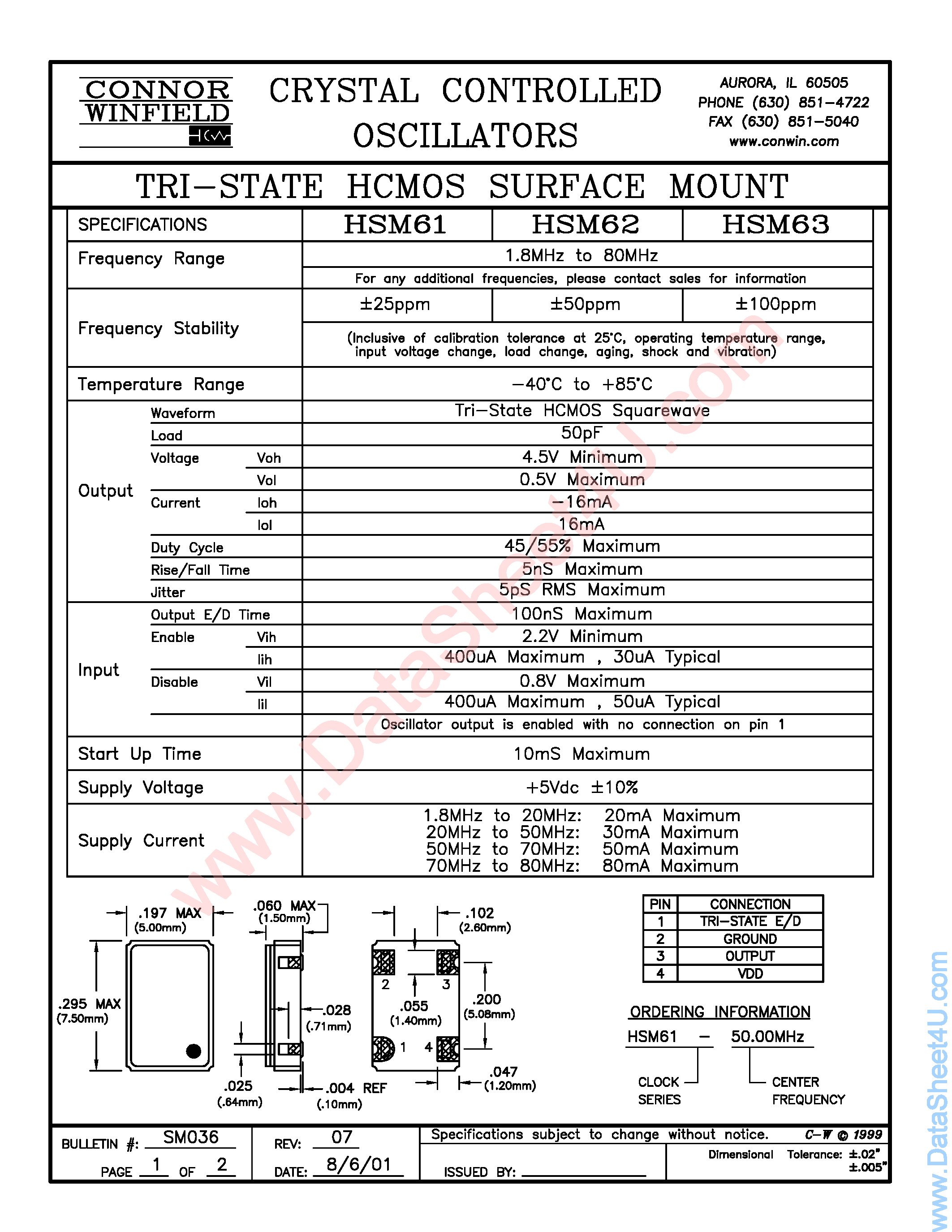 Даташит HSM62 - (HSM61 - HSM63) Tri-State HCMOS Surface Mount страница 1