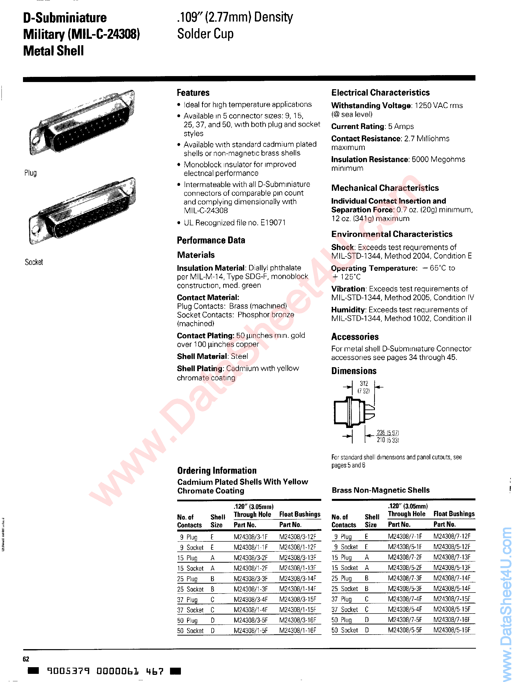 Datasheet M24308 page 1 Datasheet M24308 - (M24308 Series) D-Subminiature Military Metal Shell page 1