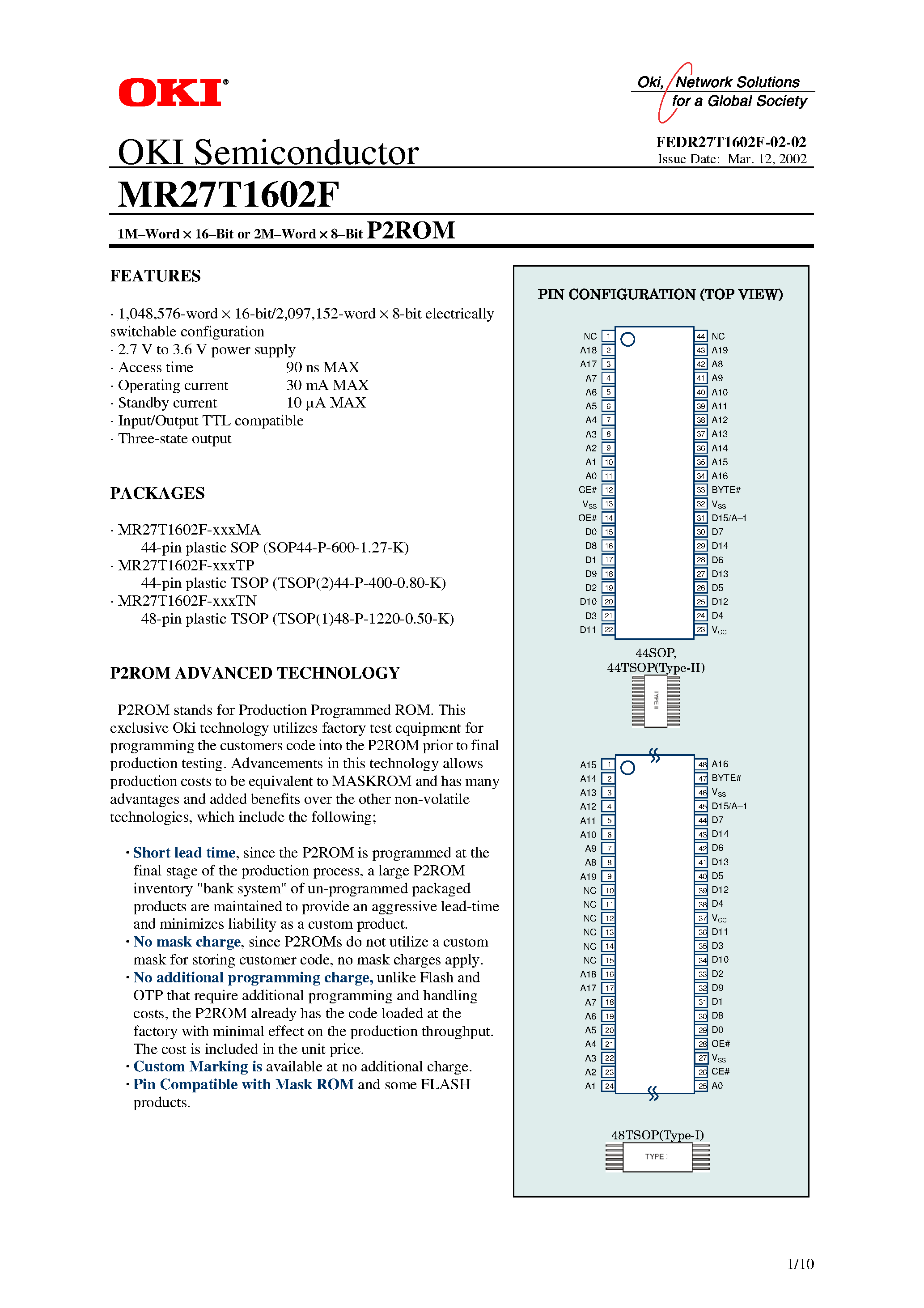 Datasheet MR27T1602F - 1M-Word x 16-Bit or 2M-Word x 8-Bit P2ROM page 1