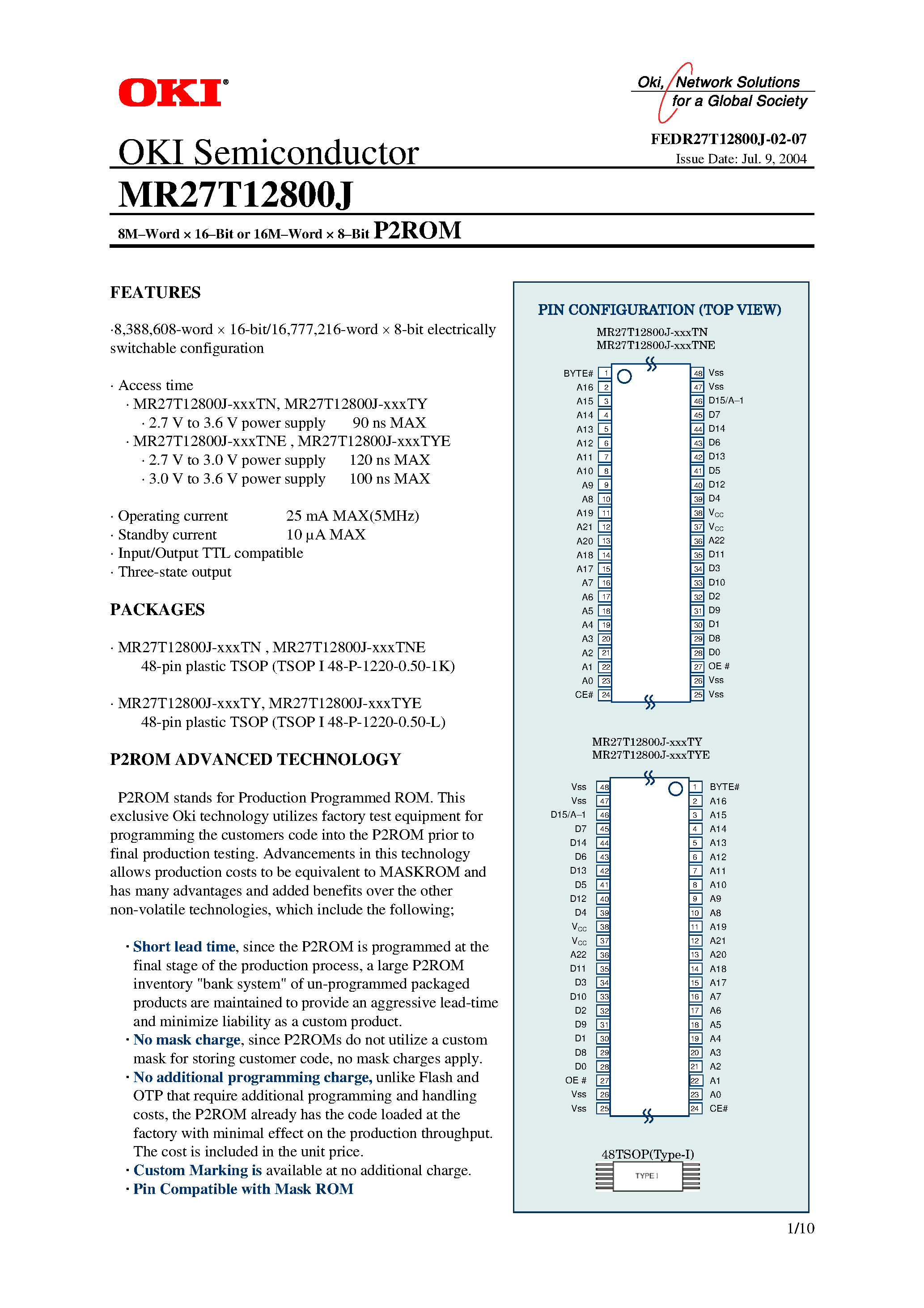 Datasheet MR27T12800J - 8M-Word x 16-Bit or 16M-Word x 8-Bit P2ROM page 1