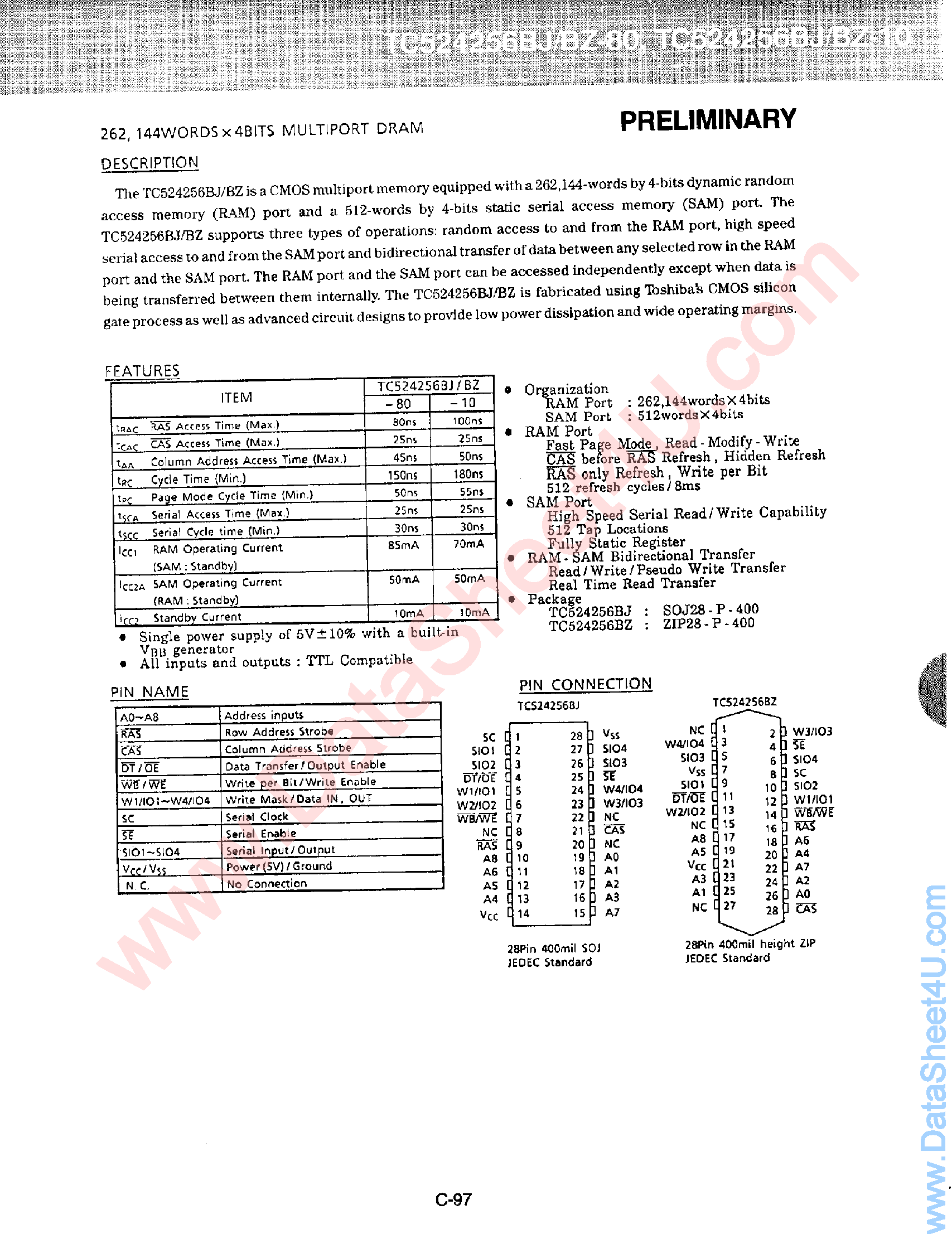 Datasheet TC524256B - 262144 x 4-Bit Multiport DRAM page 1