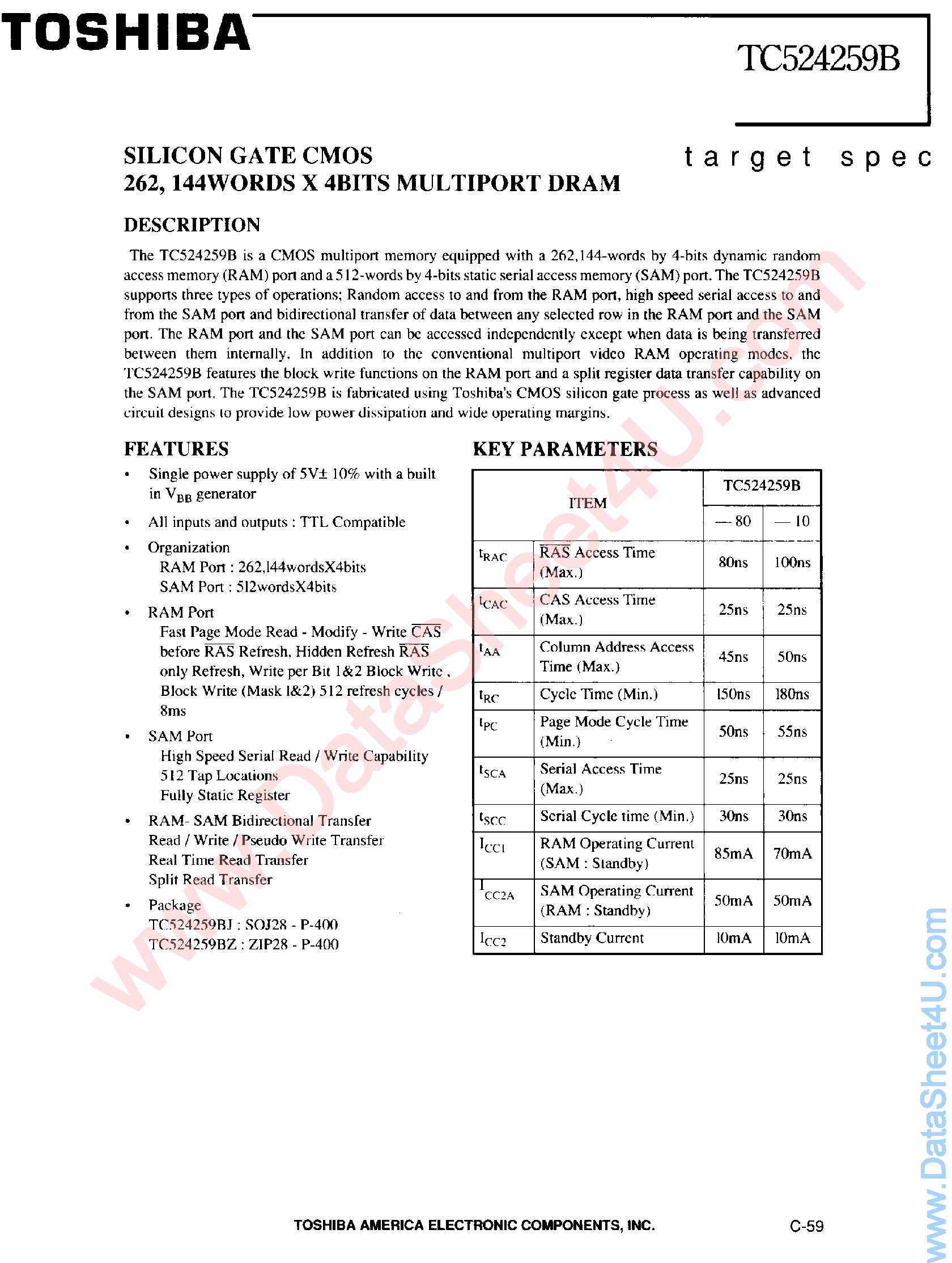 Datasheet TC524259B - Silicon Gate CMOS Multiport DRAM page 1