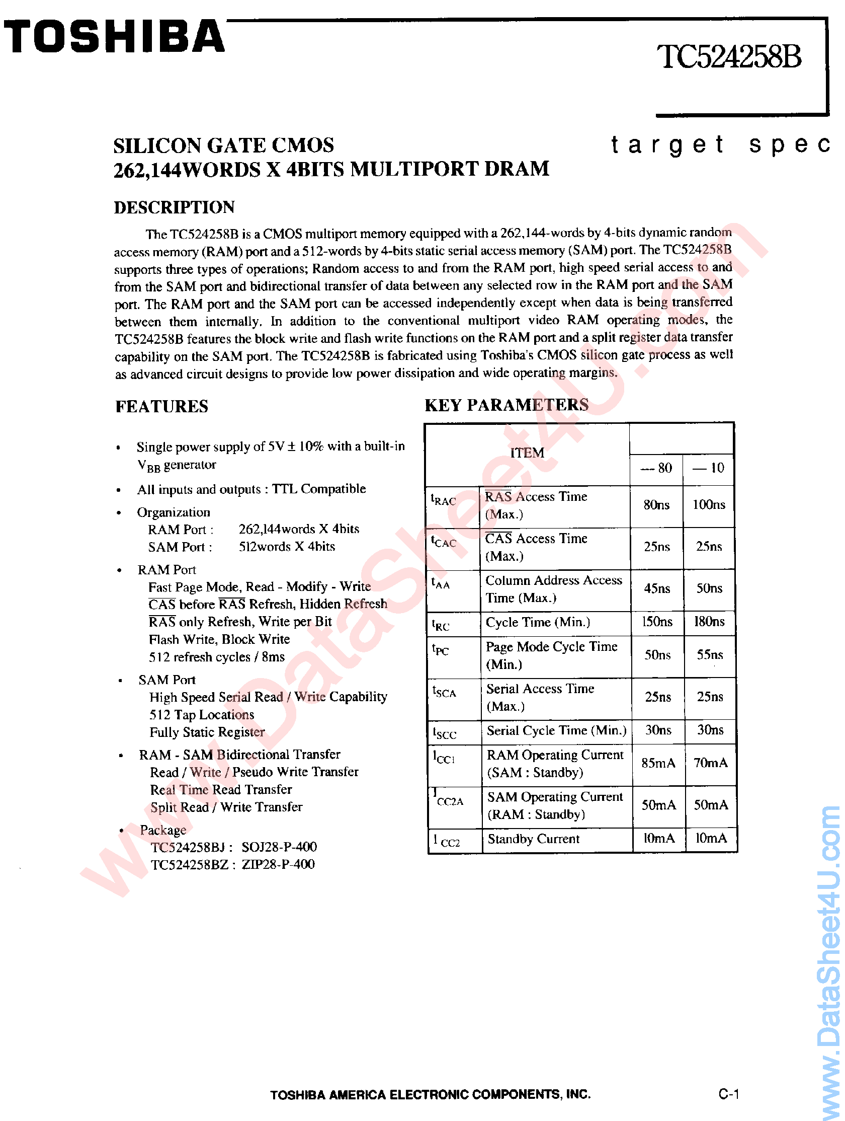 Datasheet TC524258B - Silicon Gate CMOS Multiport DRAM page 1