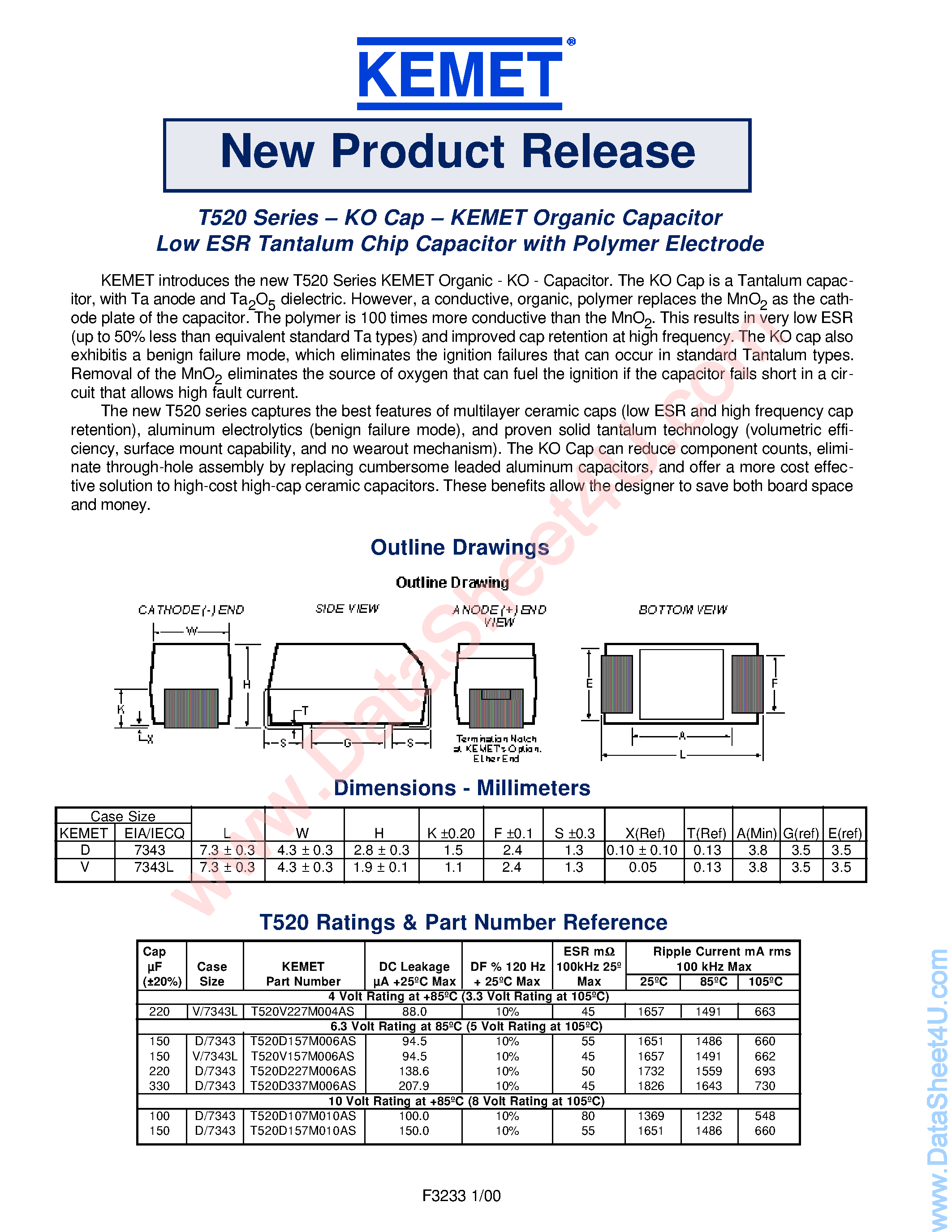Datasheet T520V107M010AS - (T520V107M0xx) Organic Capacitor page 1