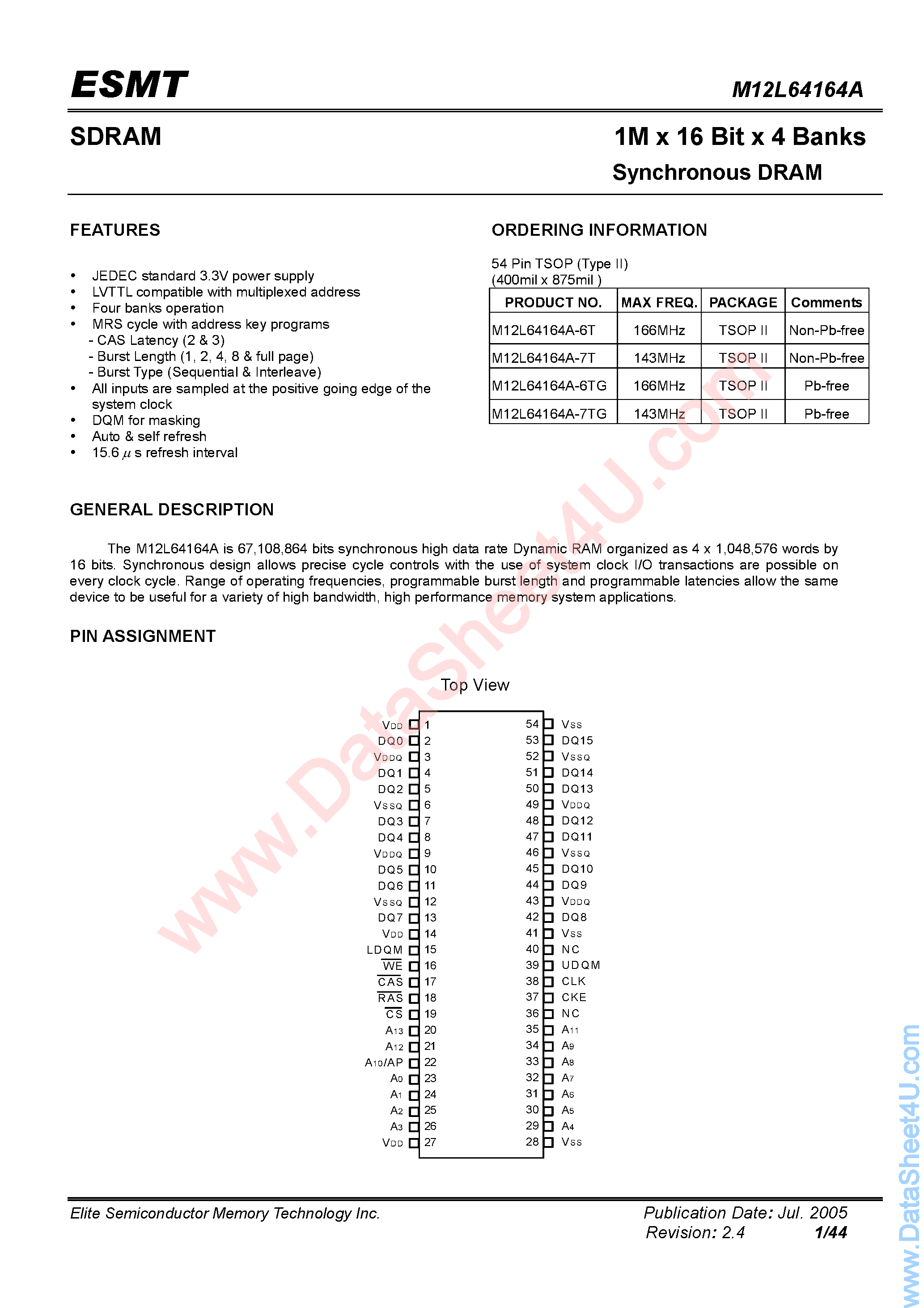 Даташит на микросхему M12L64164A страница 1 Даташит M12L64164A - 1M x 16-Bit x 4-Bank SDRAM страница 1