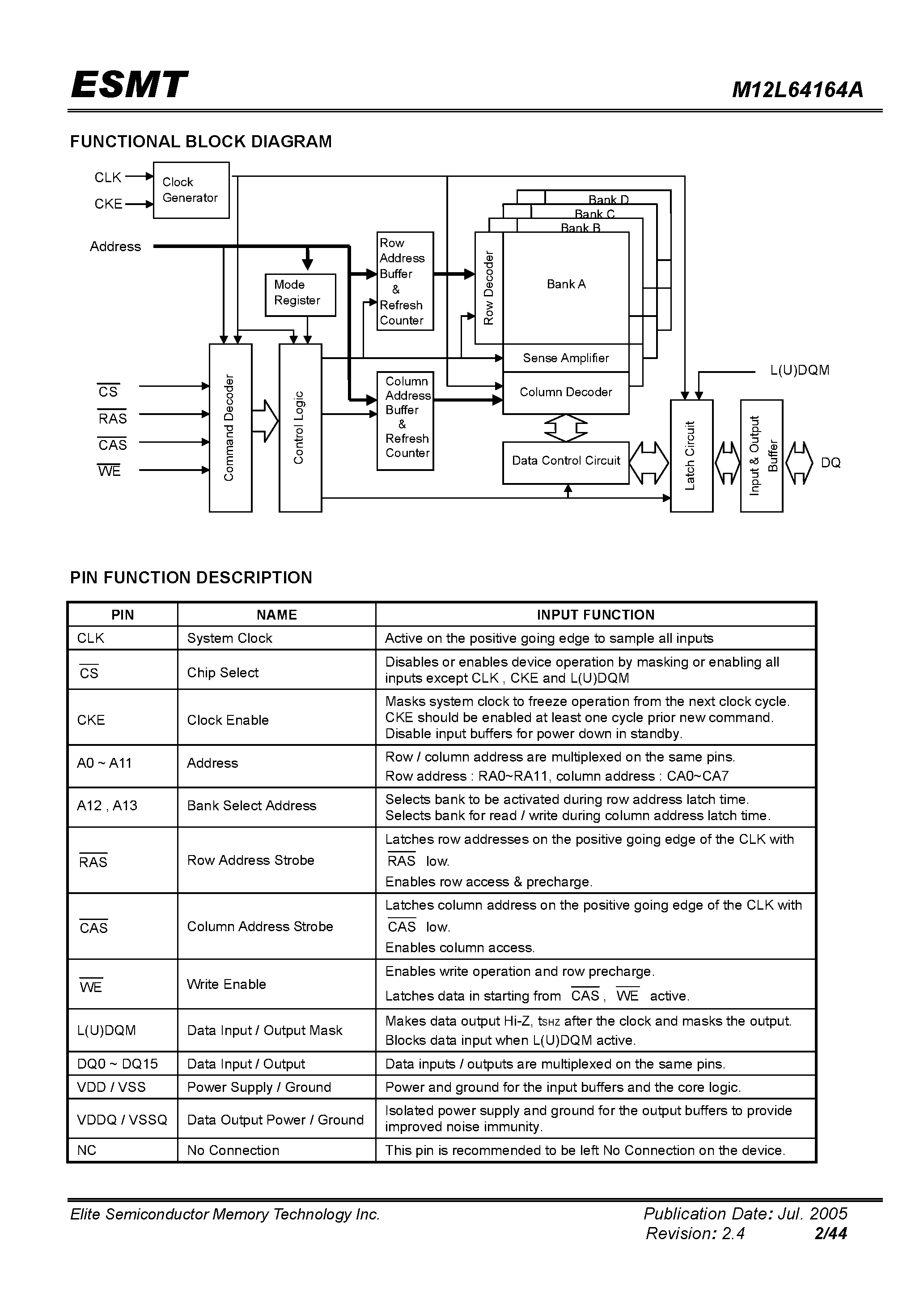 Даташит на микросхему M12L64164A страница 2 Даташит M12L64164A - 1M x 16-Bit x 4-Bank SDRAM страница 2