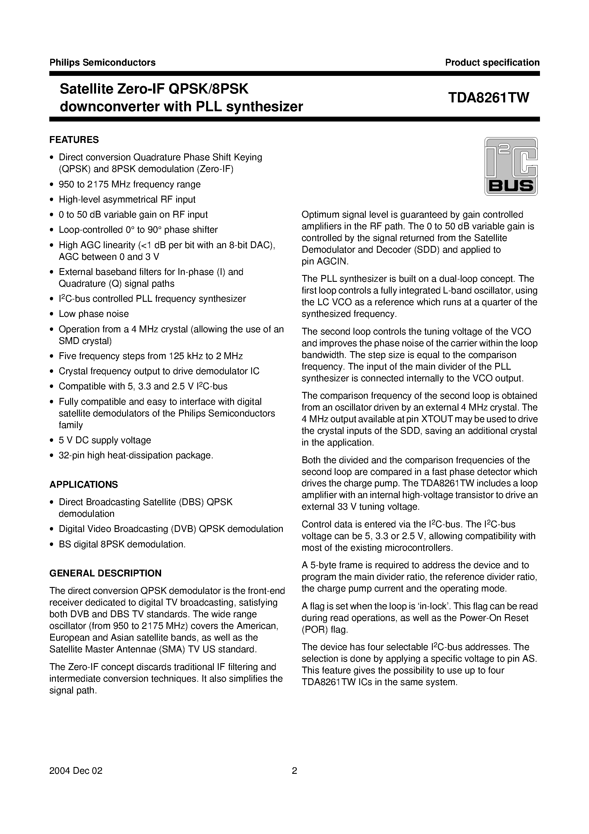 Datasheet TDA8261TW - Satellite Zero-IF QPSK/8PSK downconverter with PLL synthesizer page 2