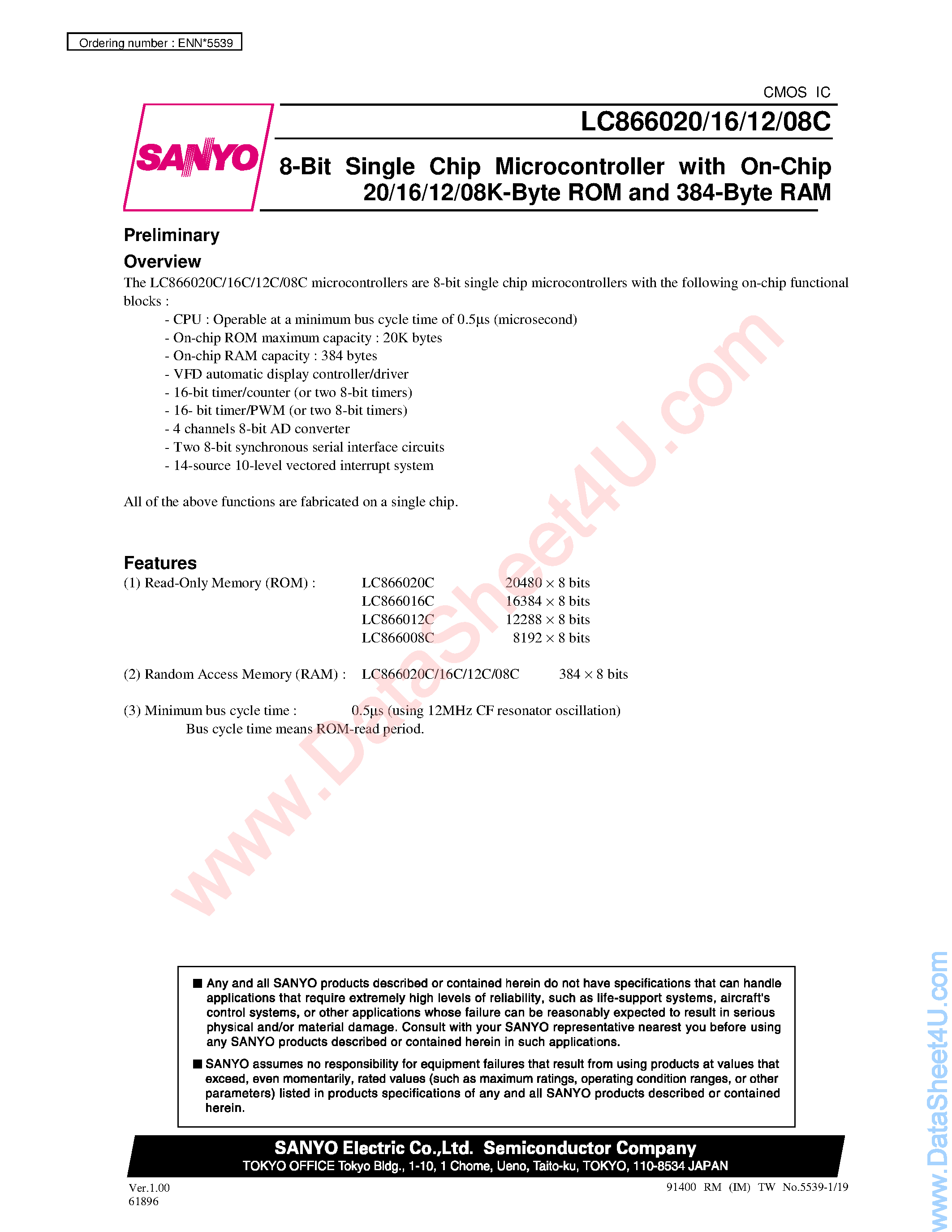 Datasheet LC866008C - (LC8660xx) 8-bit single chip microcontroller page 1