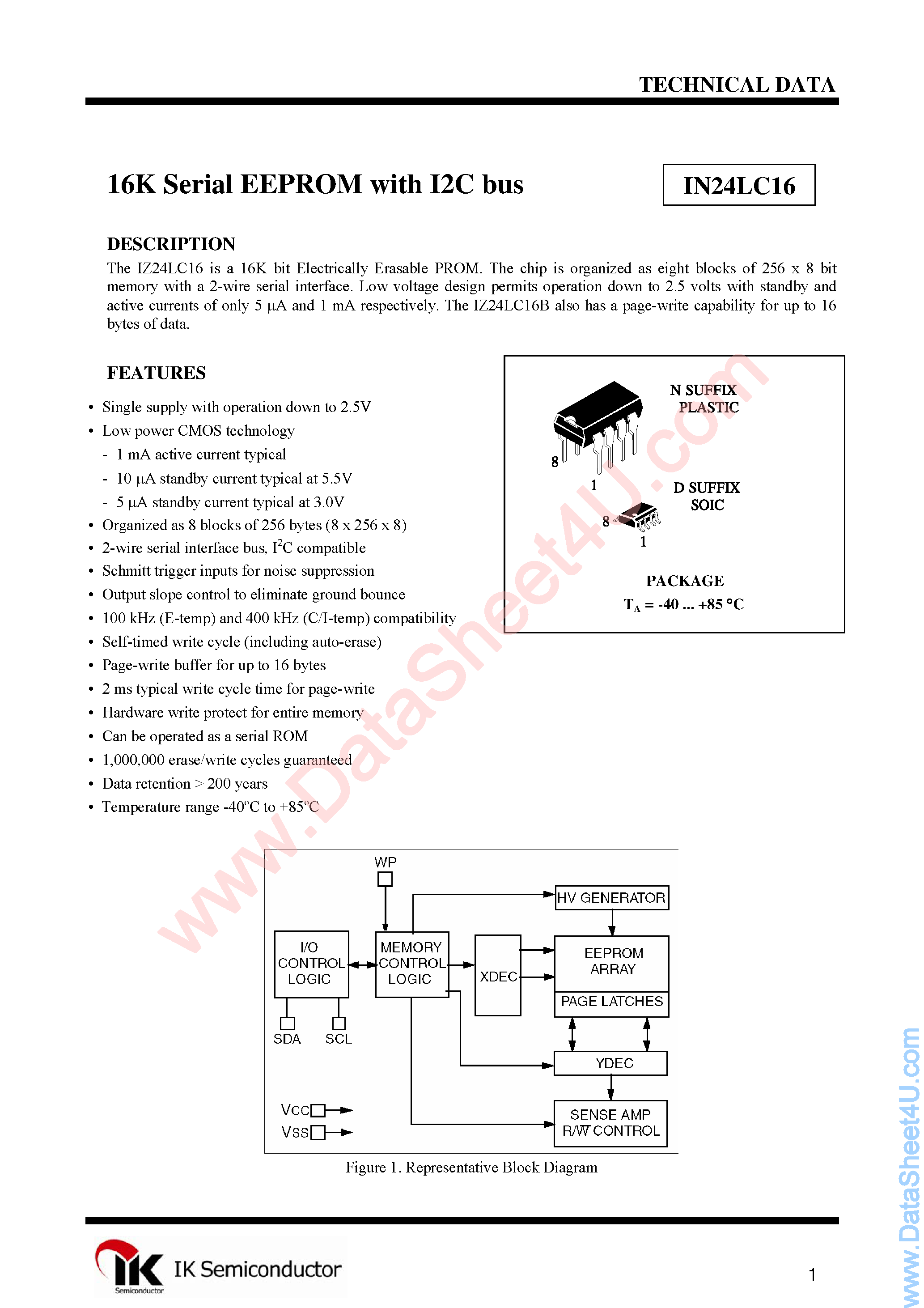 Datasheet IN24LC16 - 16K 2.5V CMOS Serial EEPROMs page 1