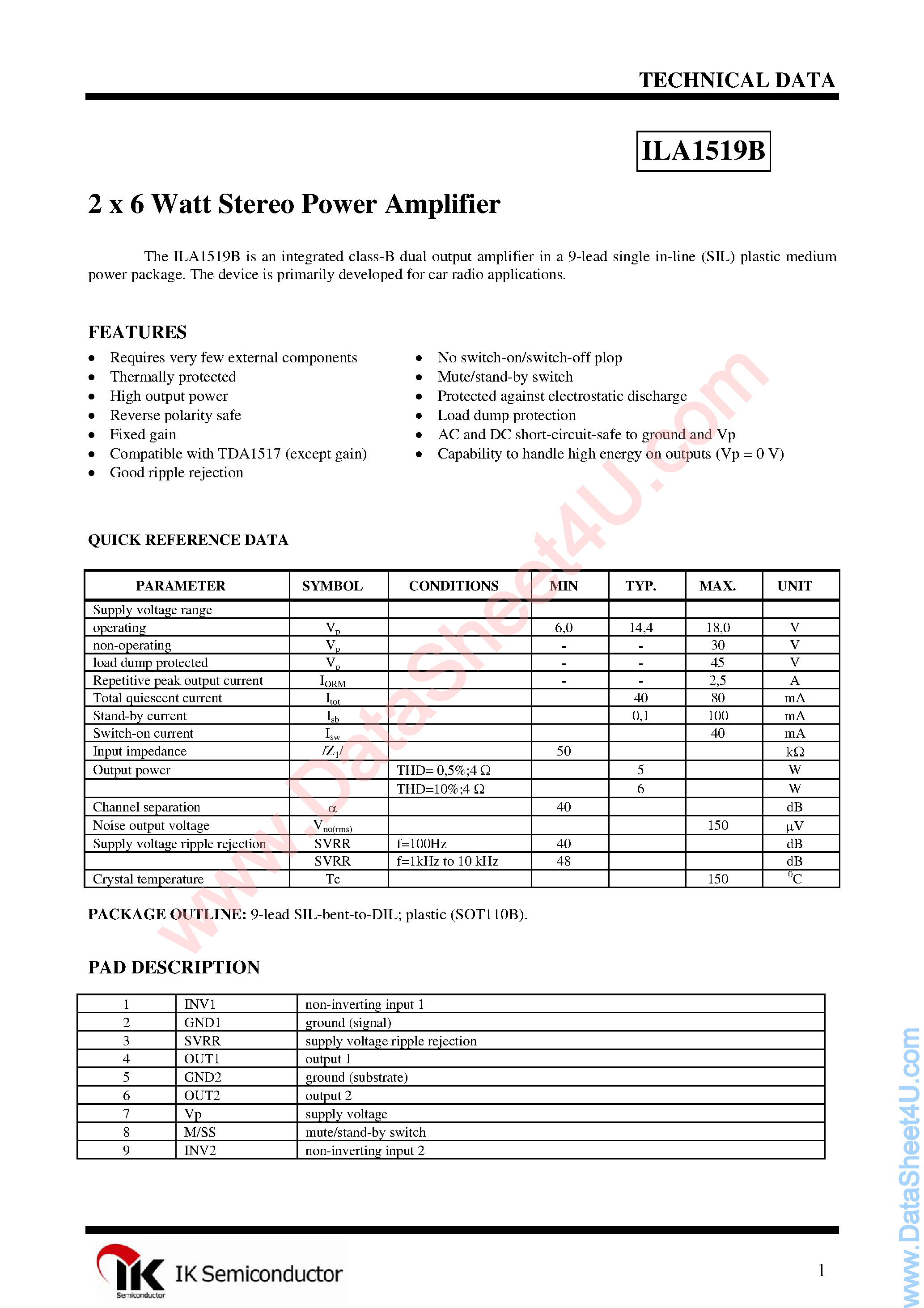Datasheet ILA1519B - 2x6 W Stereo Power Amplifier page 1