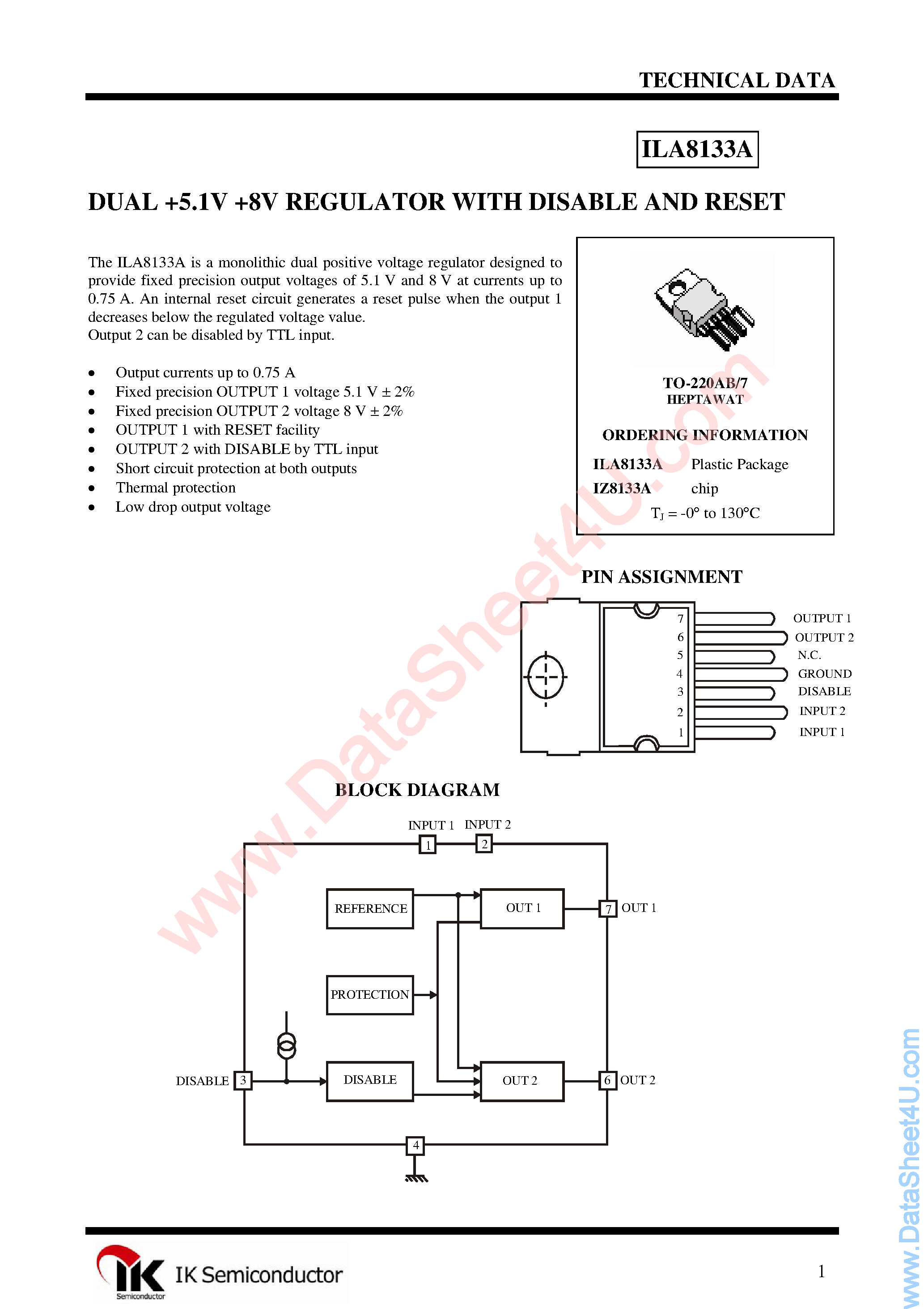 Datasheet ILA8133A - 5.1 V + 8 V Regulator with Disable and Reset page 1