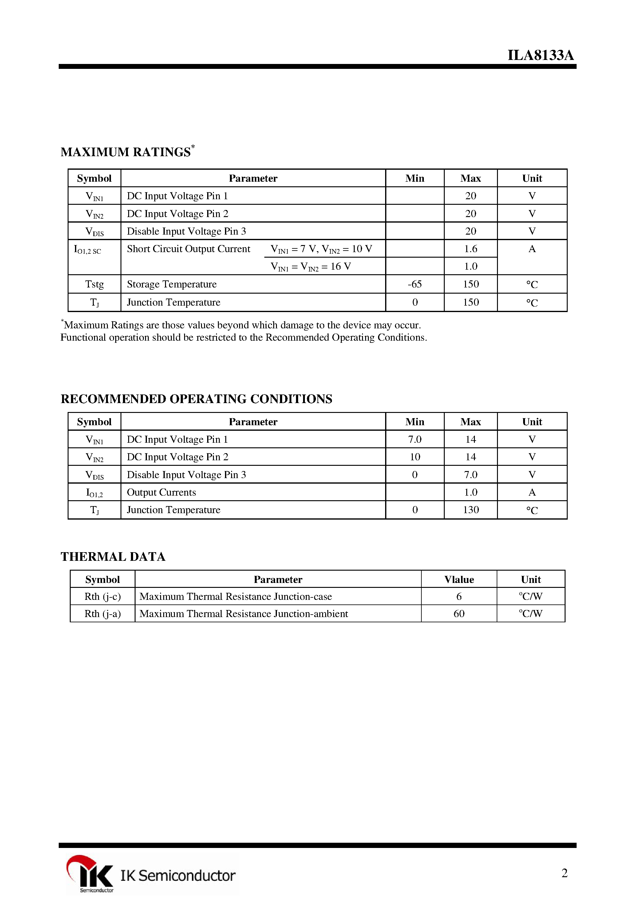 Datasheet ILA8133A - 5.1 V + 8 V Regulator with Disable and Reset page 2