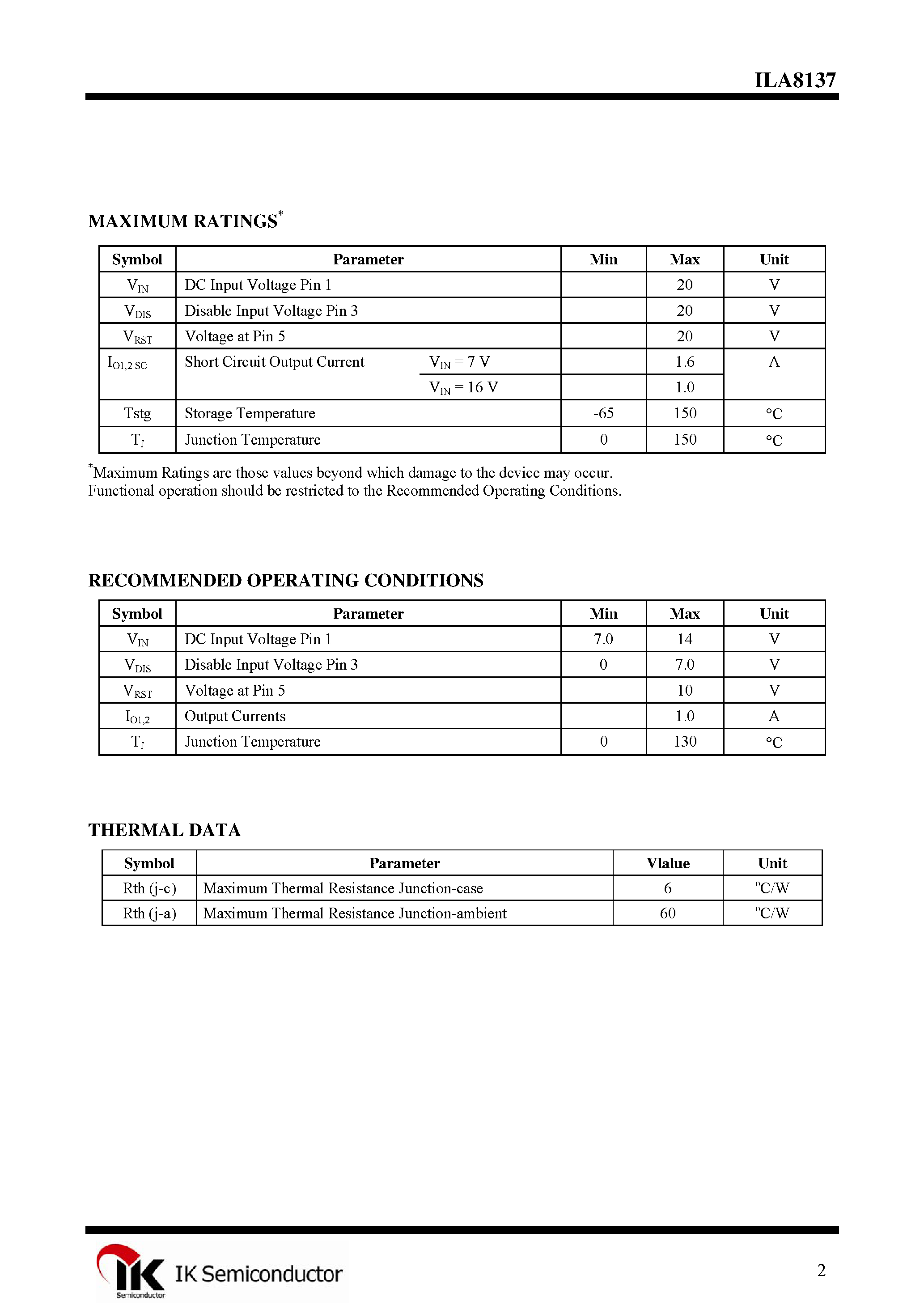 Datasheet ILA8137 - Dual 5.1 V + 5.1V Regulator page 2