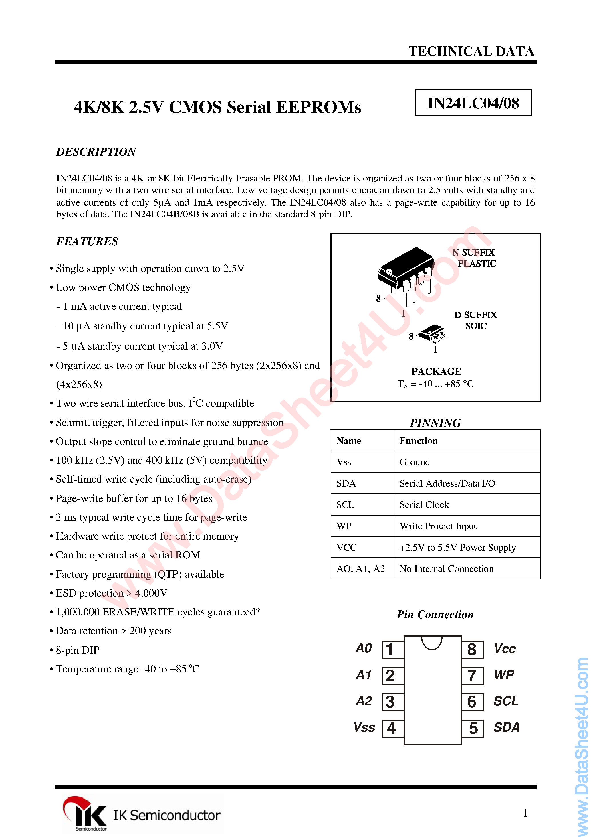 Datasheet IN24LC04 - (IN24LC04/08) 8K 2.5V CMOS Serial EEPROMs page 1