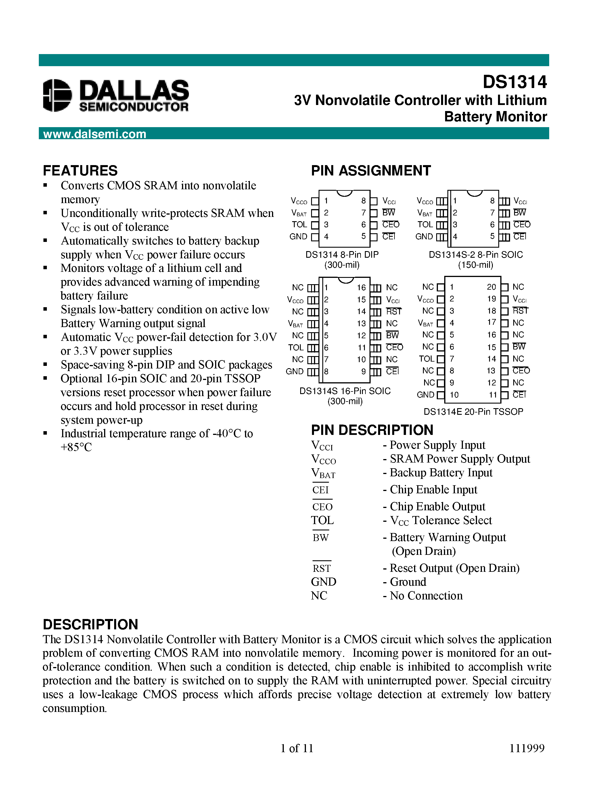 Datasheet DS1314 - 3V Nonvolatile Controller with Lithium Battery Monitor page 1