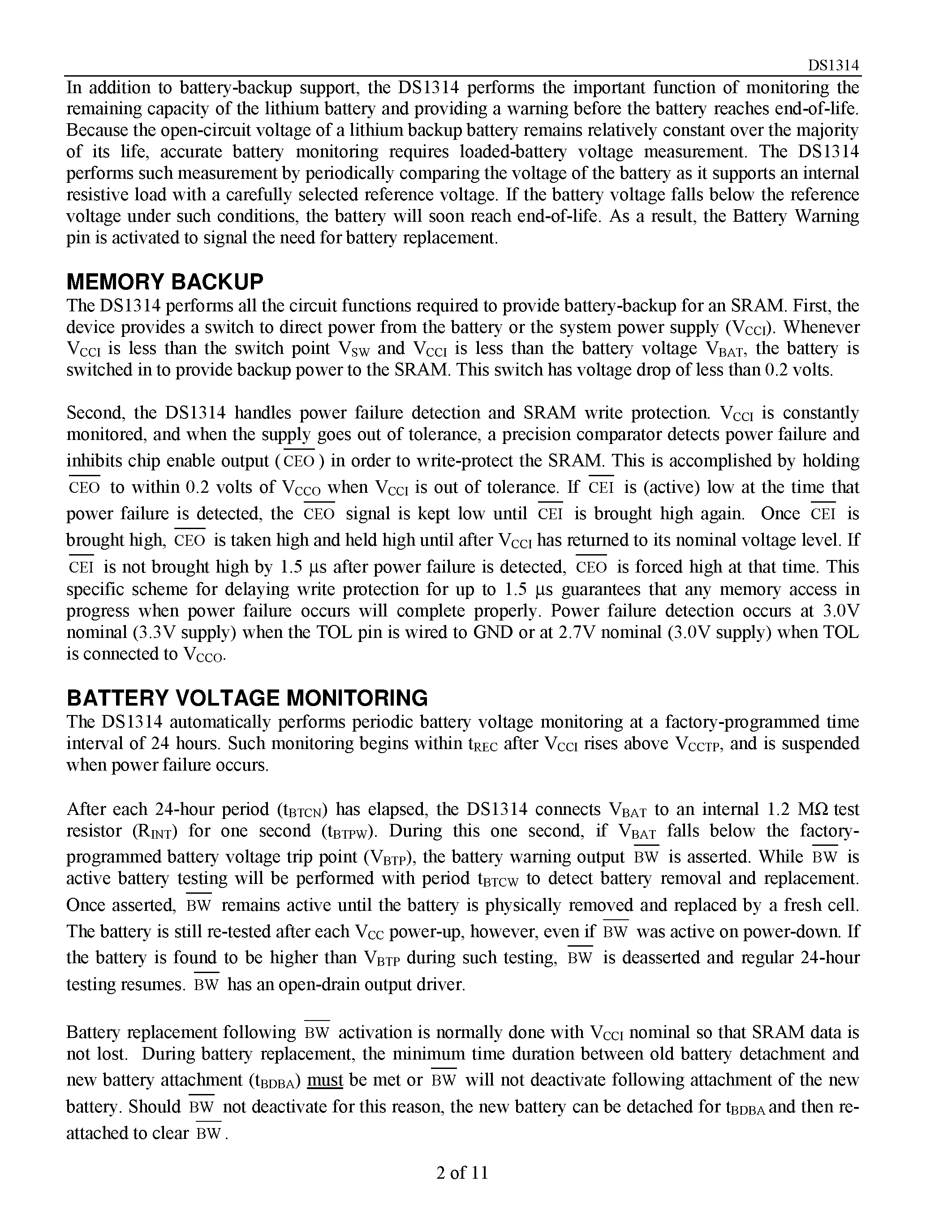 Datasheet DS1314 - 3V Nonvolatile Controller with Lithium Battery Monitor page 2