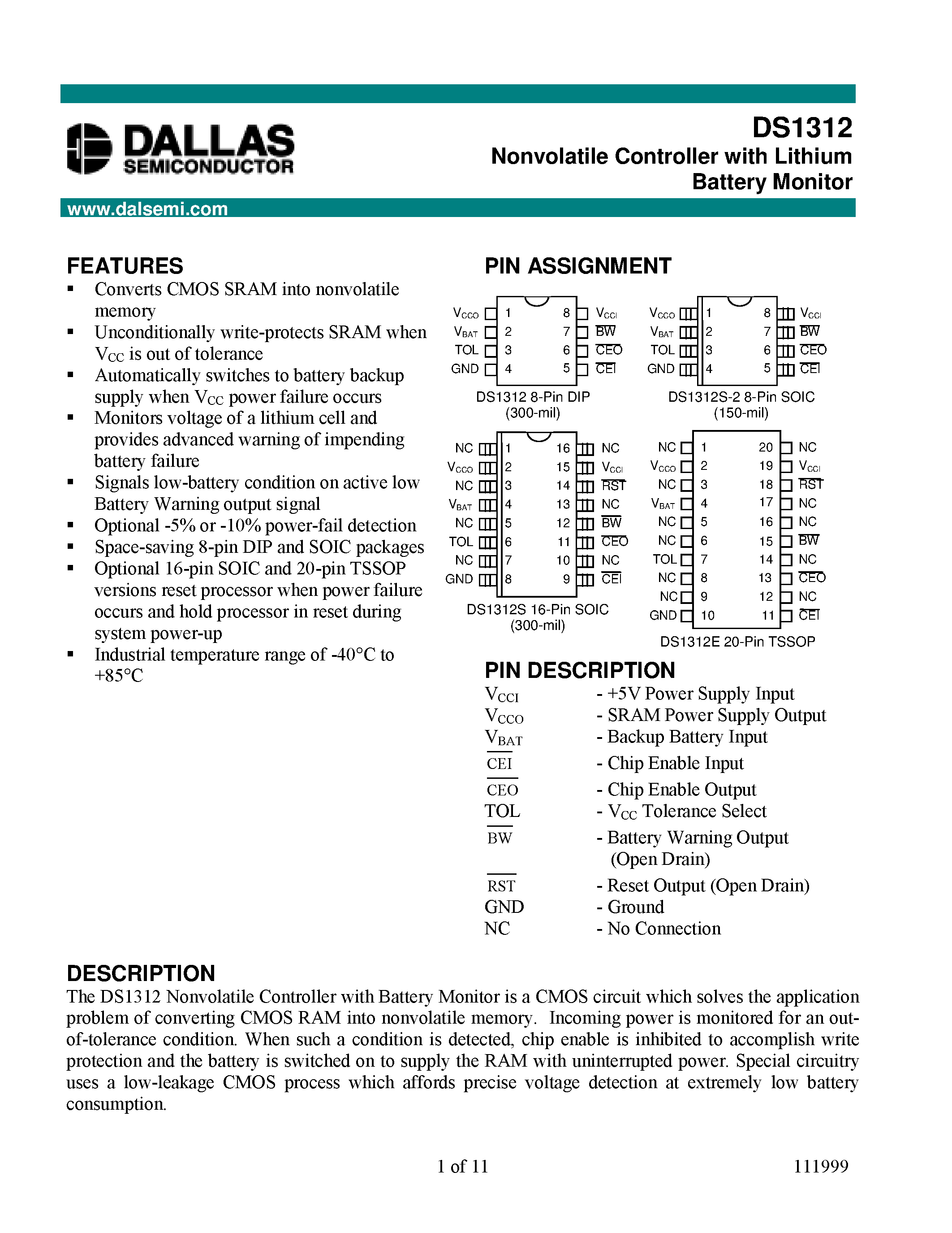 Datasheet DS1312 - Nonvolatile Controller with Lithium Battery Monitor page 1