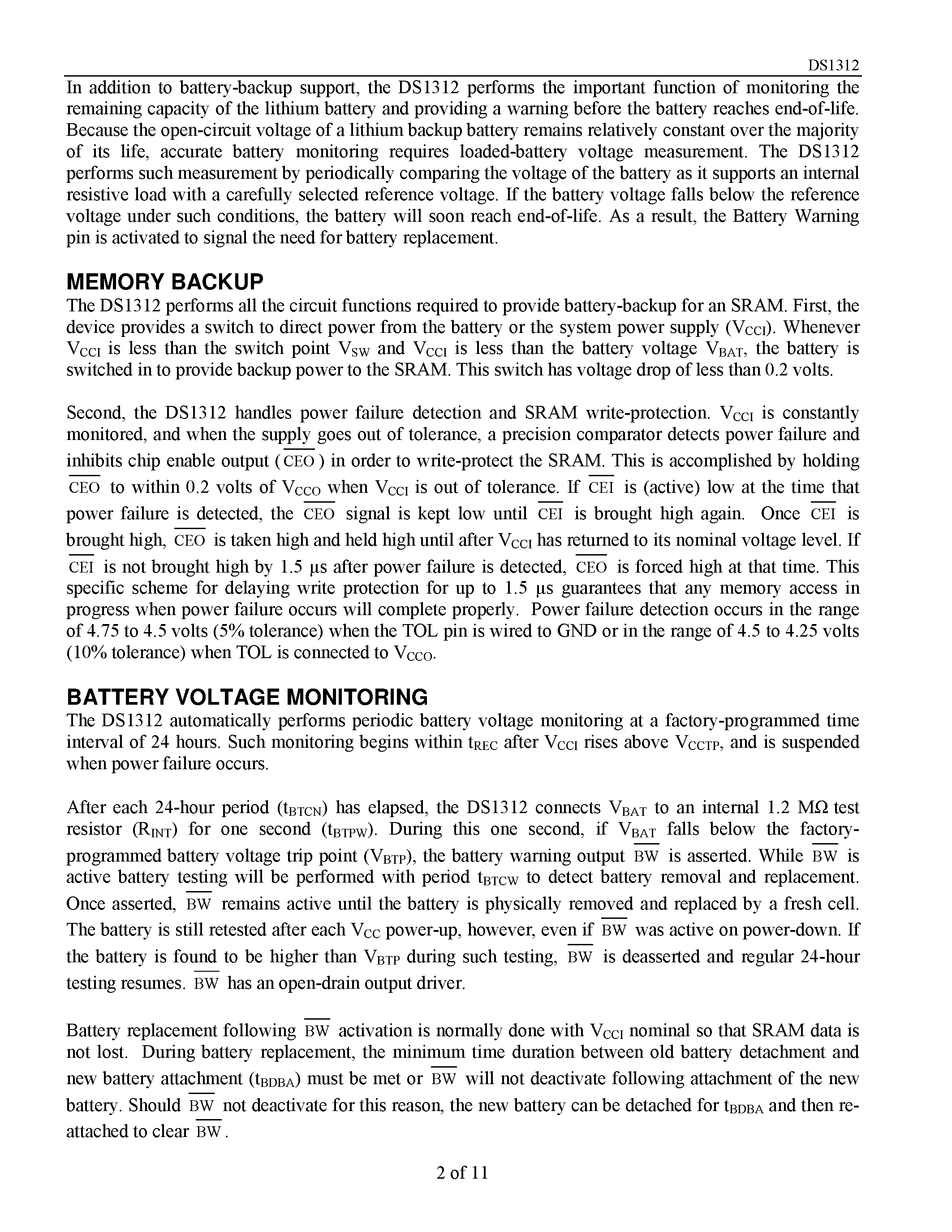 Datasheet DS1312 - Nonvolatile Controller with Lithium Battery Monitor page 2