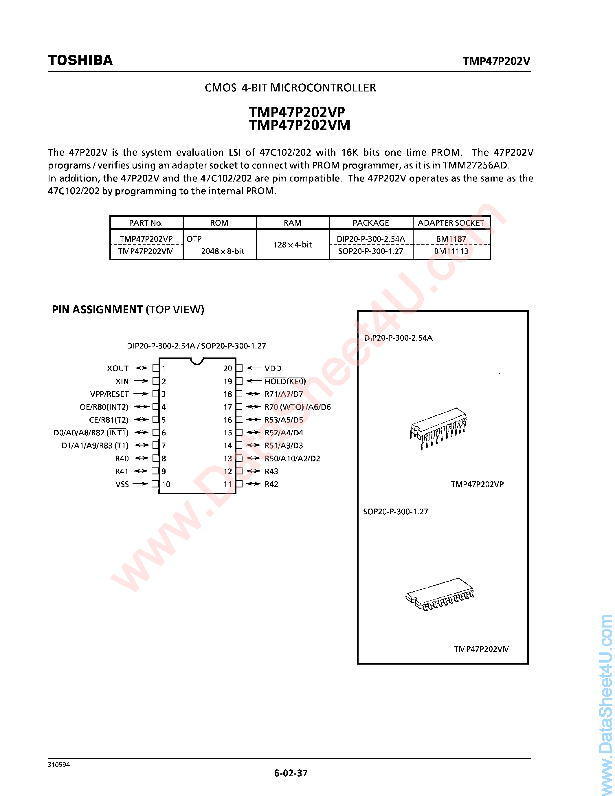 Даташит TMP47P202 - CMOS 4-Bit Microcontroller страница 1