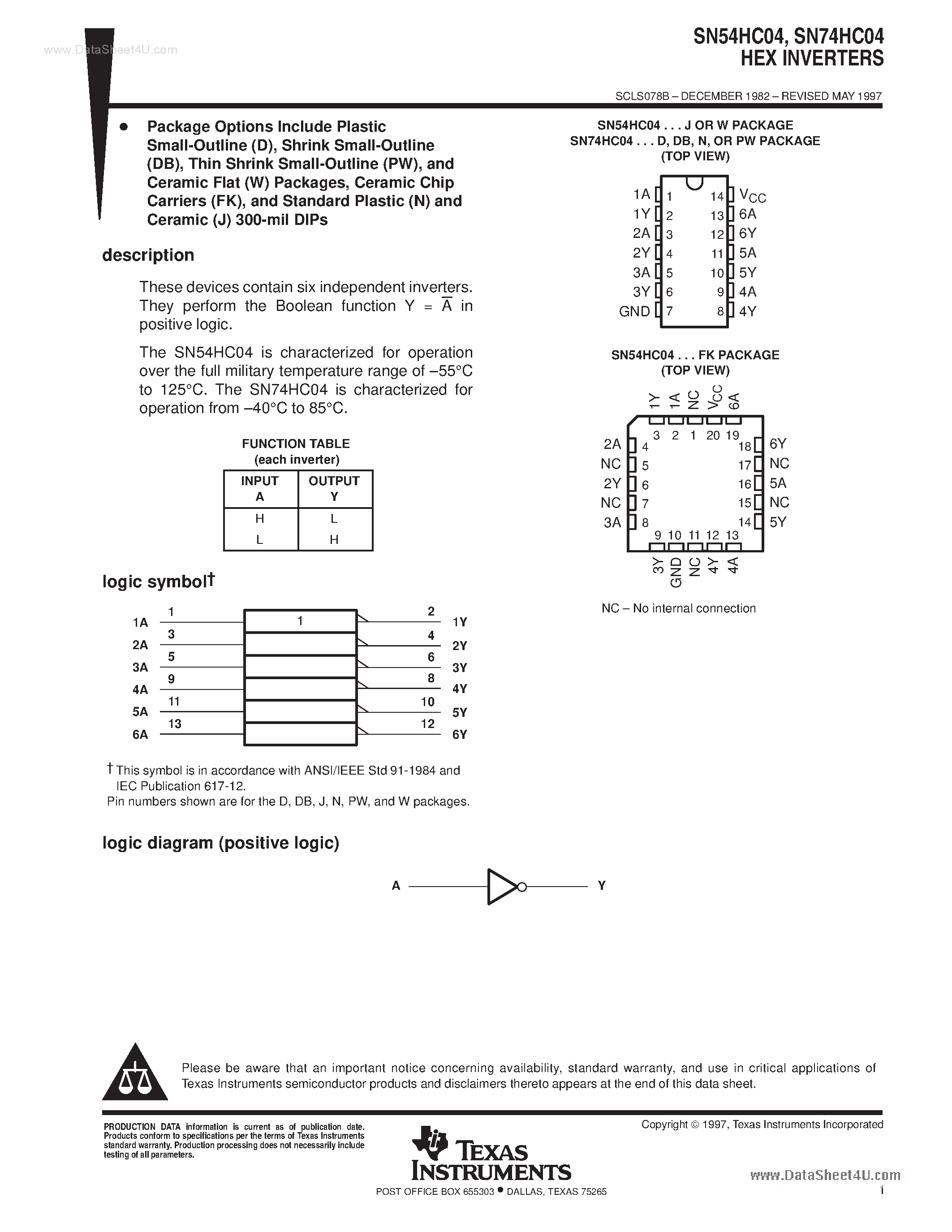 Даташит 74HC04N - Search -----> SN74HC04N / MM74HC04N страница 1