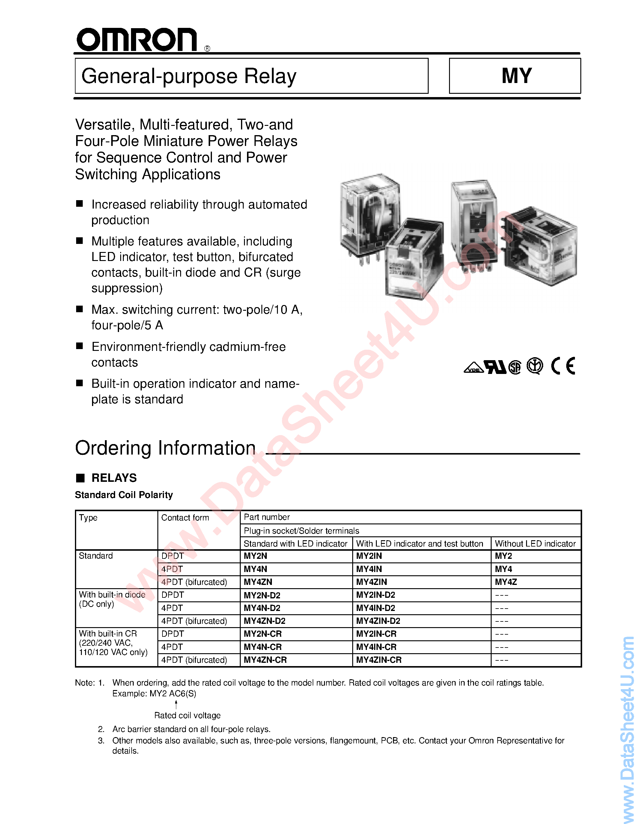 Даташит MY4xx - (MY Series) General Purpose Relay страница 1