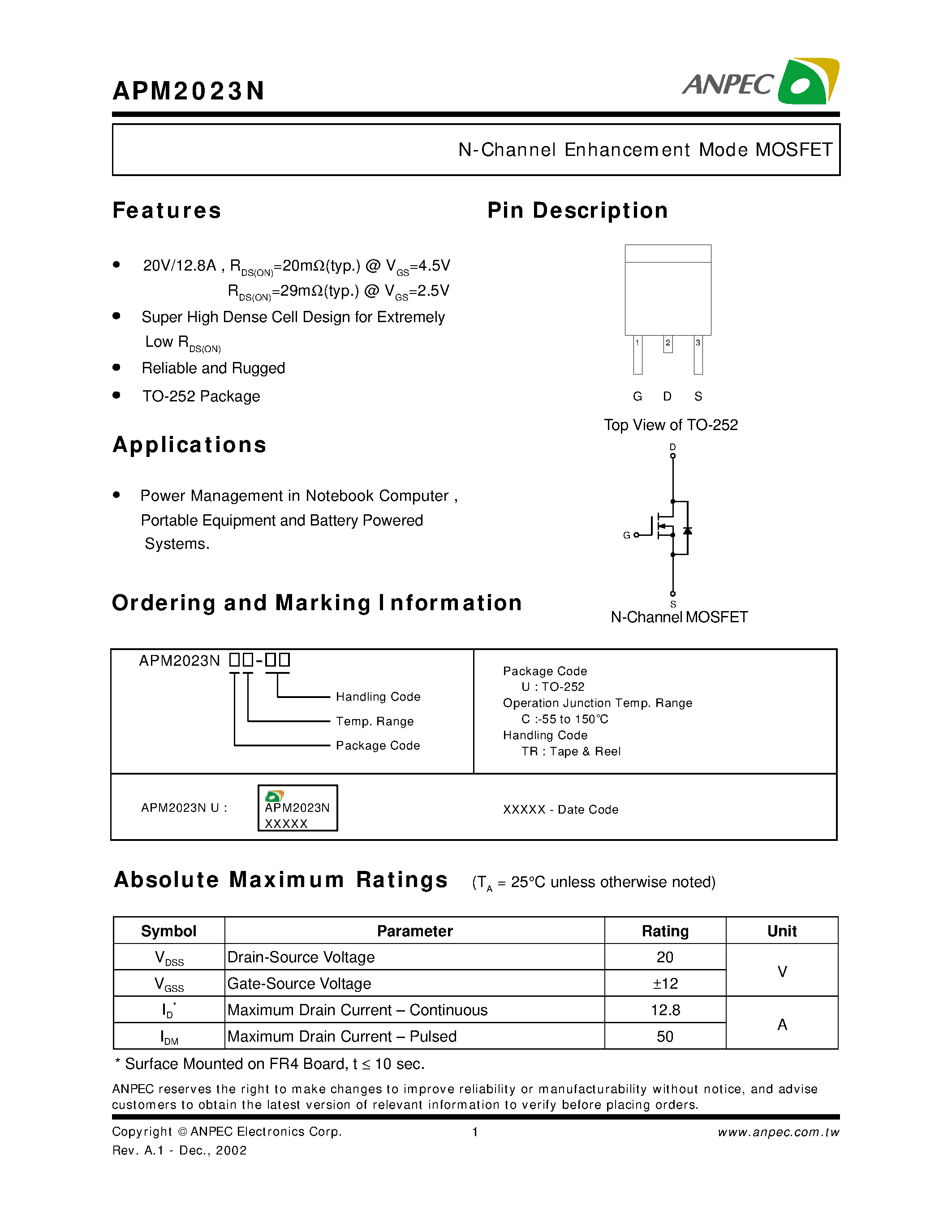 Datasheet APM2023N - N-CHANNEL ENHANCEMENT MODE MOSFET page 1