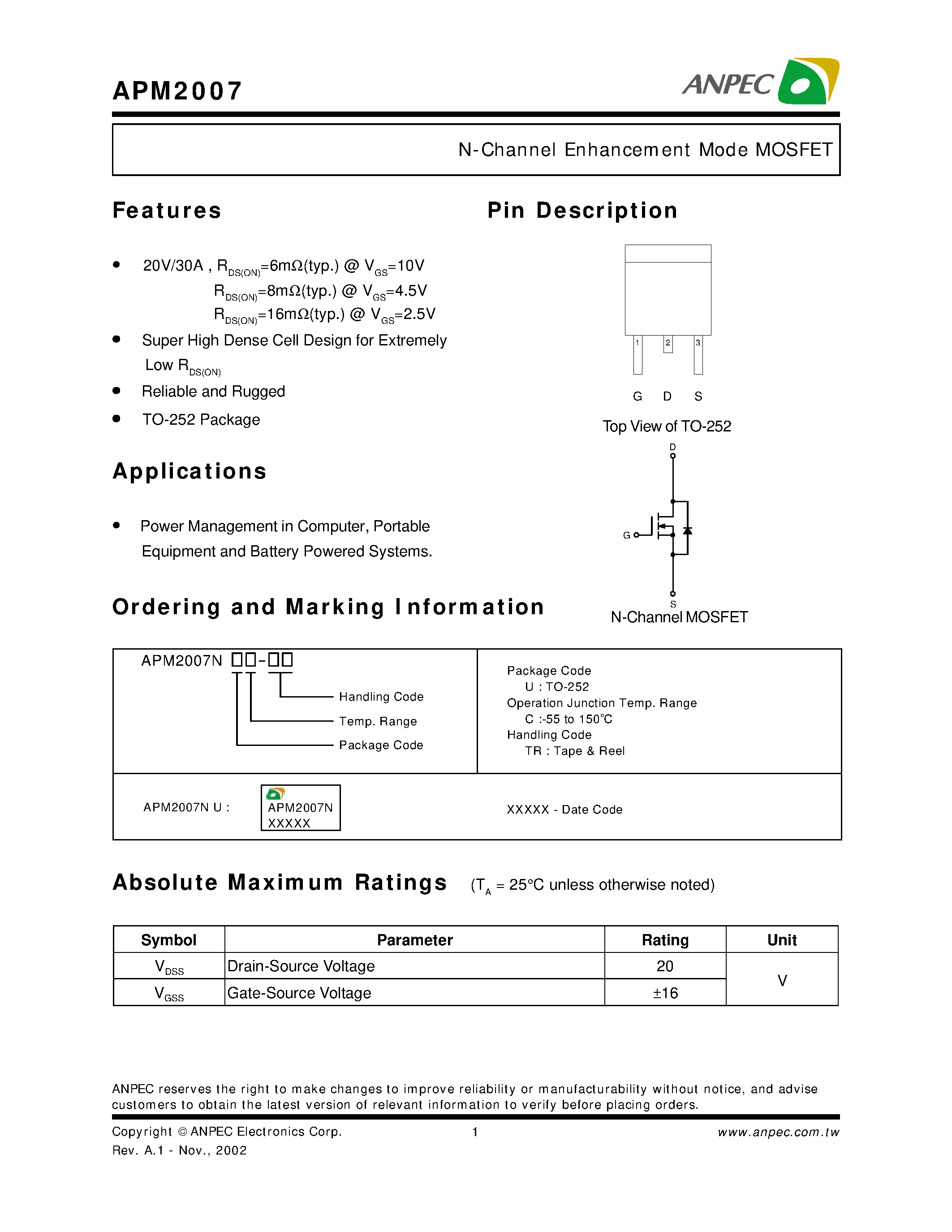Datasheet APM2007 - N-Channel Enhancement Mode MOSFET page 1