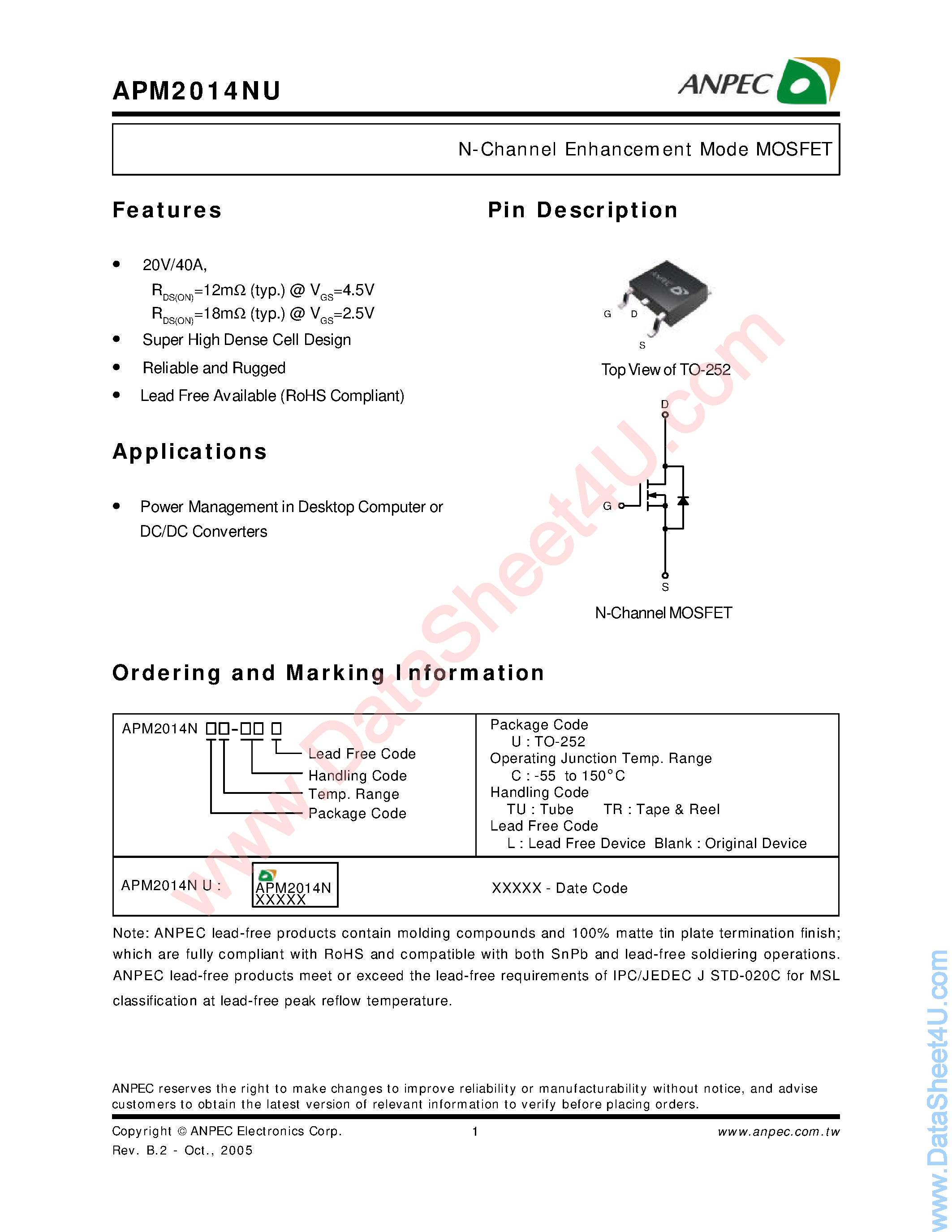 Datasheet APM2014NU - N-Channel Enhancement Mode MOSFET page 1