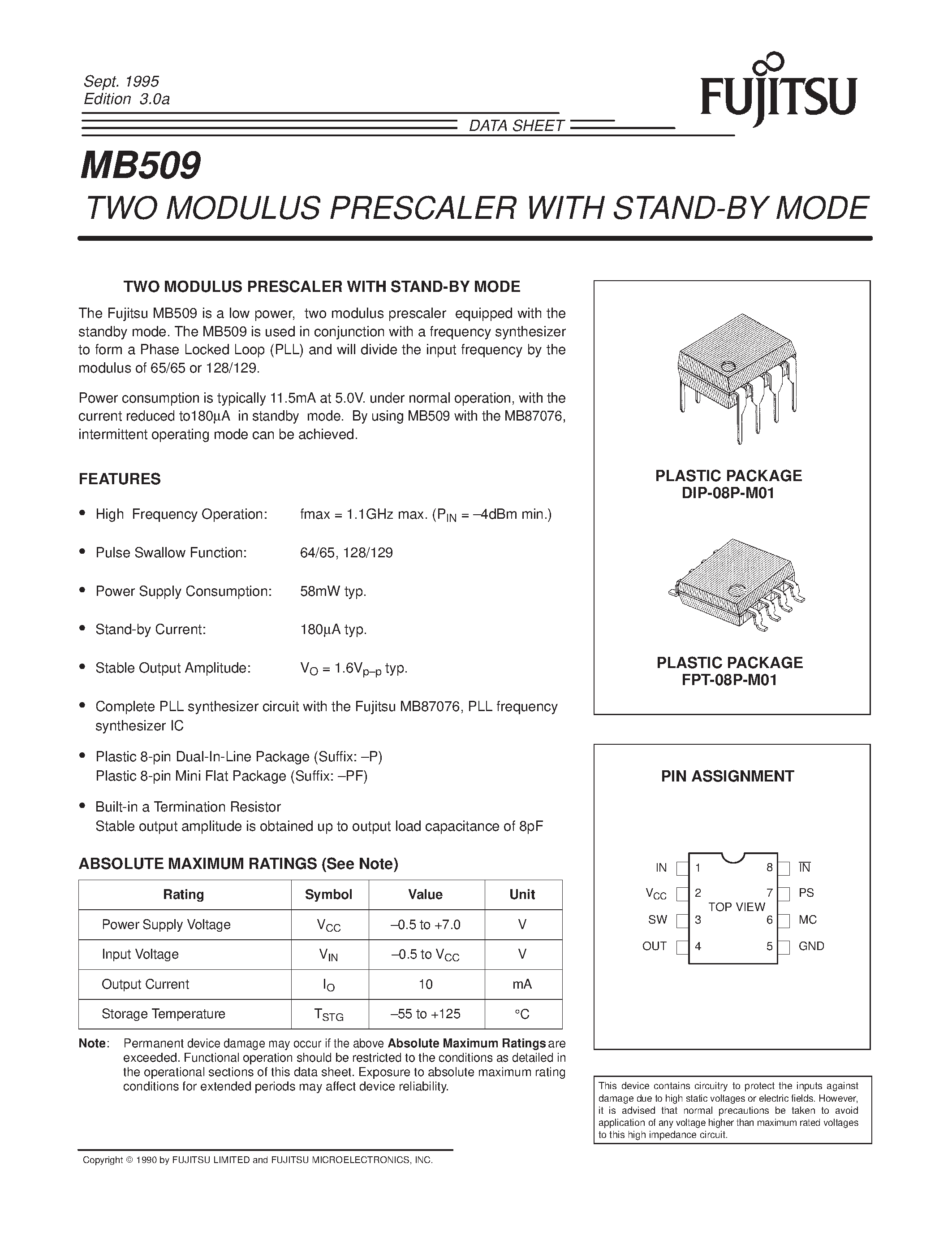 Даташит на микросхему MB509 страница 1 Даташит MB509 - TWO MODULUS PRESCALER WITH STAND-BY MODE страница 1