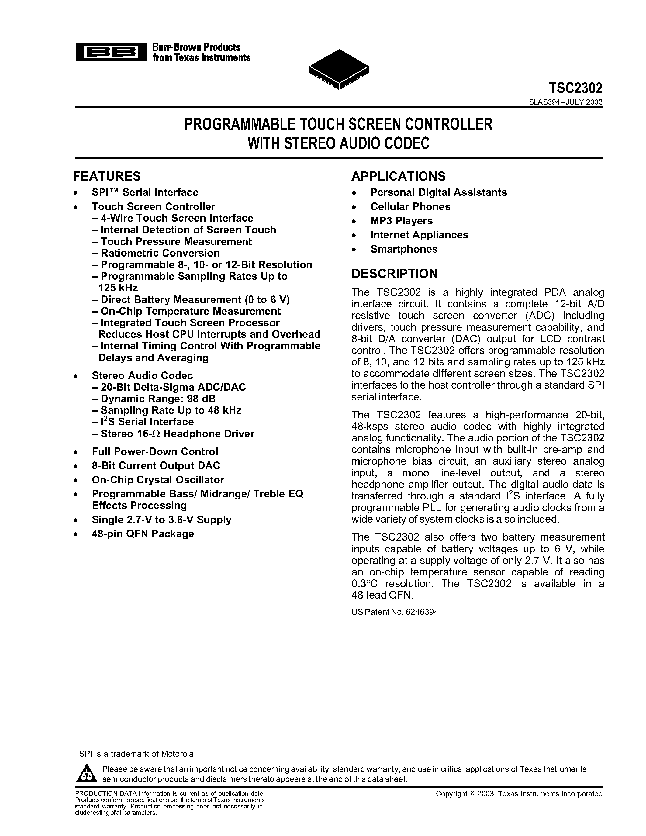 Даташит TSC2302 - PROGRAMMABLE TOUCH SCREEN CONTROLLER WITH STEREO AUDIO CODEC страница 1
