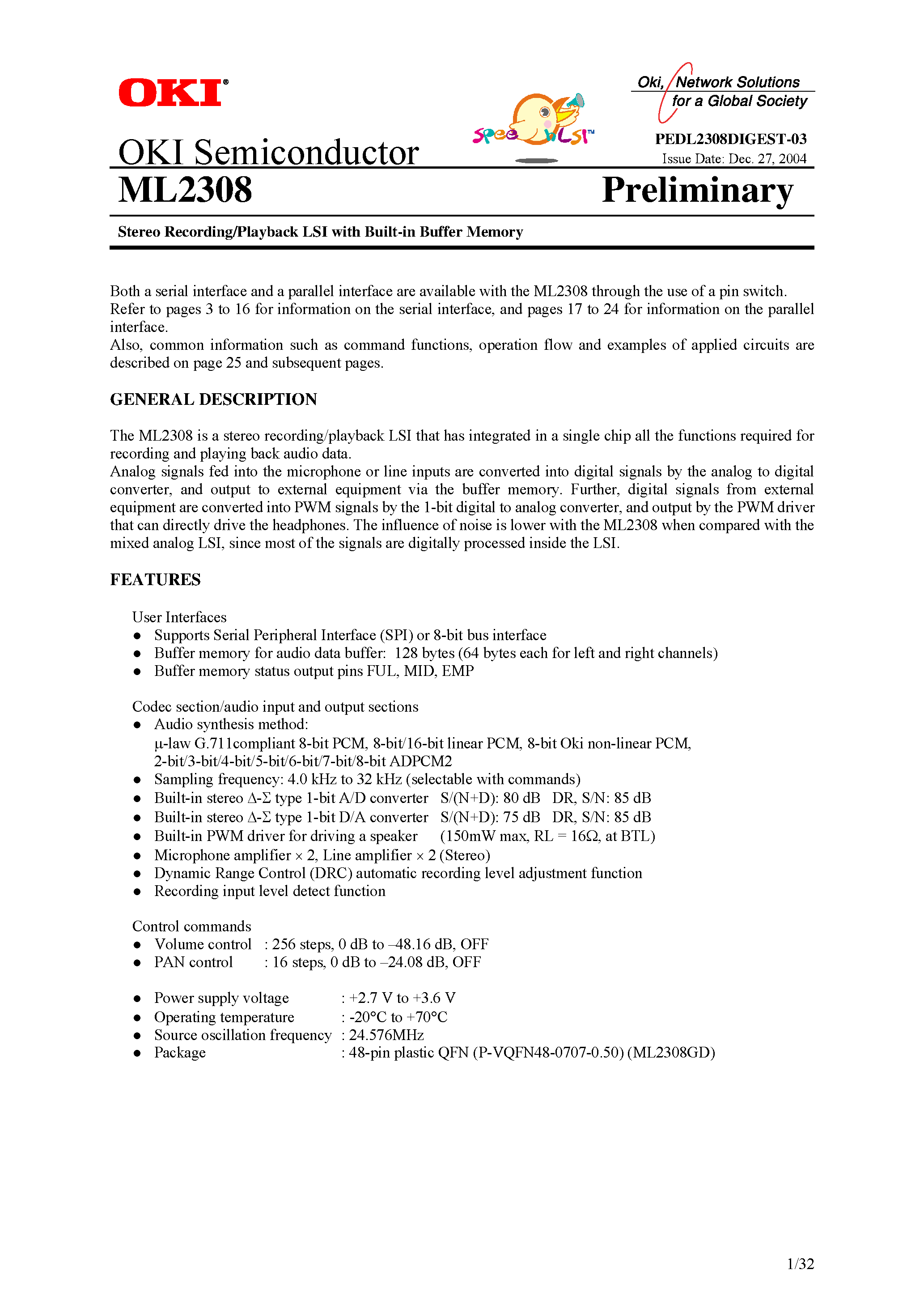 Даташит ML2308 - Stereo Recording / Playback LSI страница 1