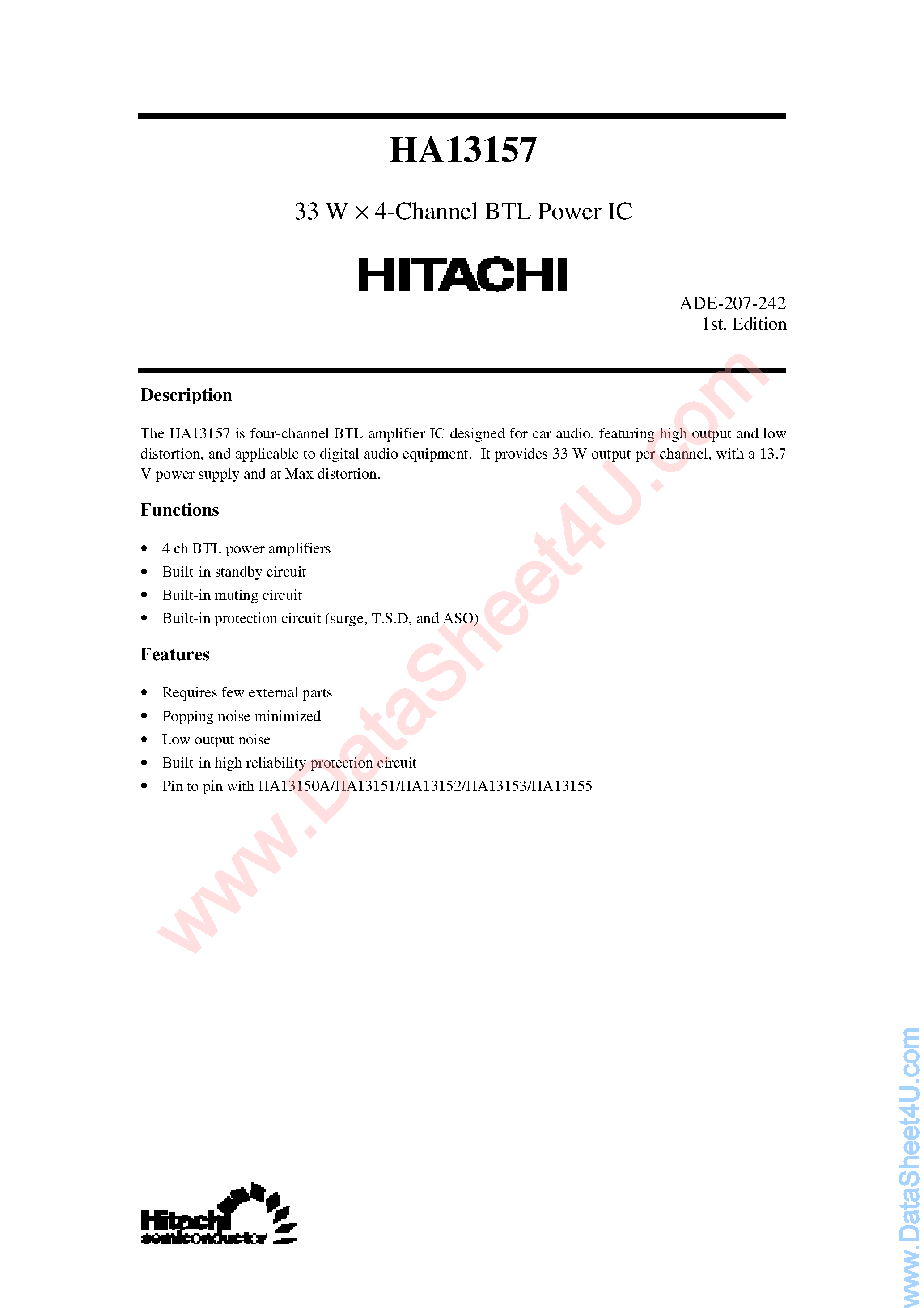 Даташит HA13157 - 33W x 4-Channel BTL Power IC страница 1