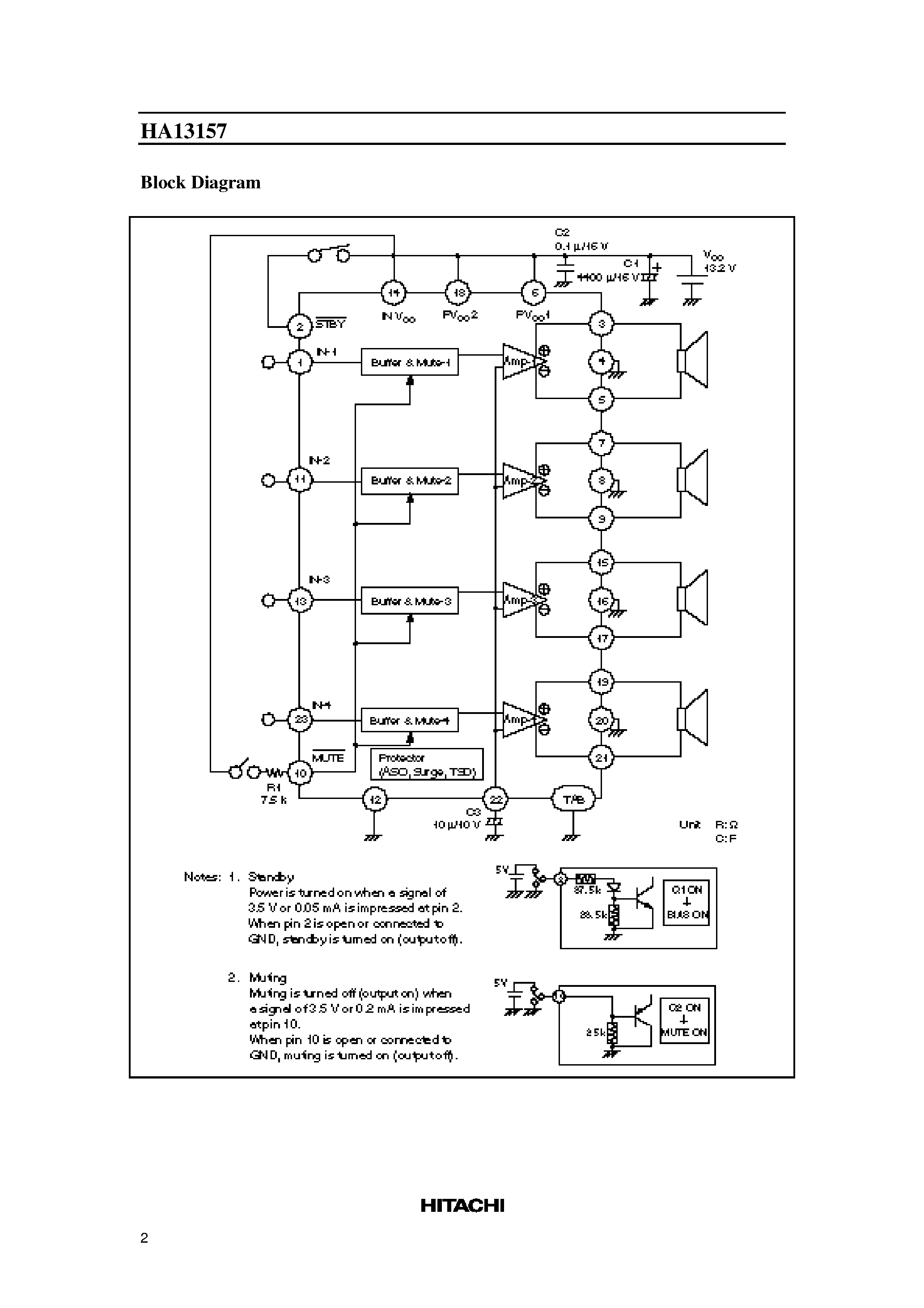 Даташит HA13157 - 33W x 4-Channel BTL Power IC страница 2