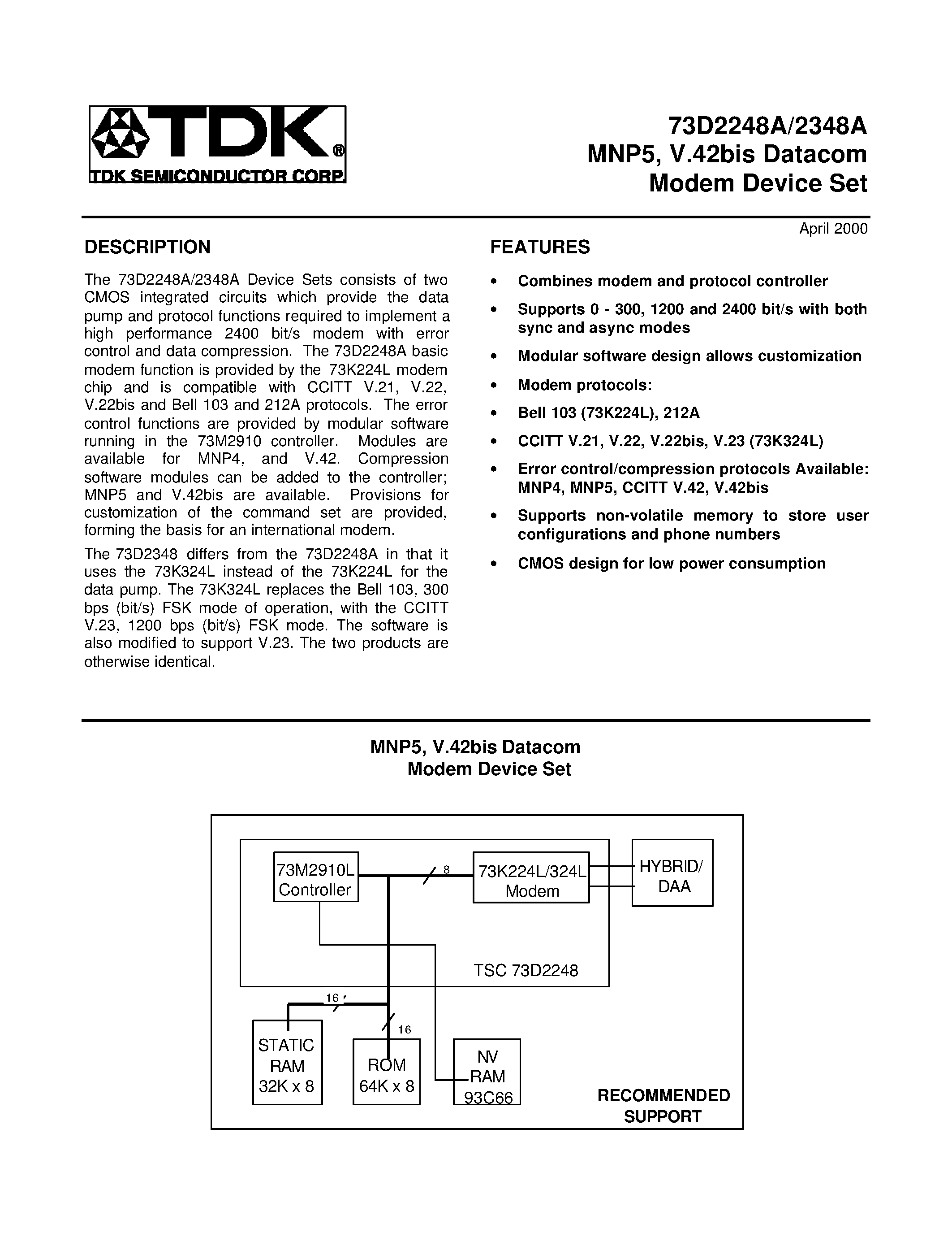 Datasheet 73D2248A - (73D2248A / 73D2348A) MNP5 / V.42bis Datacom Modem Device Set page 1