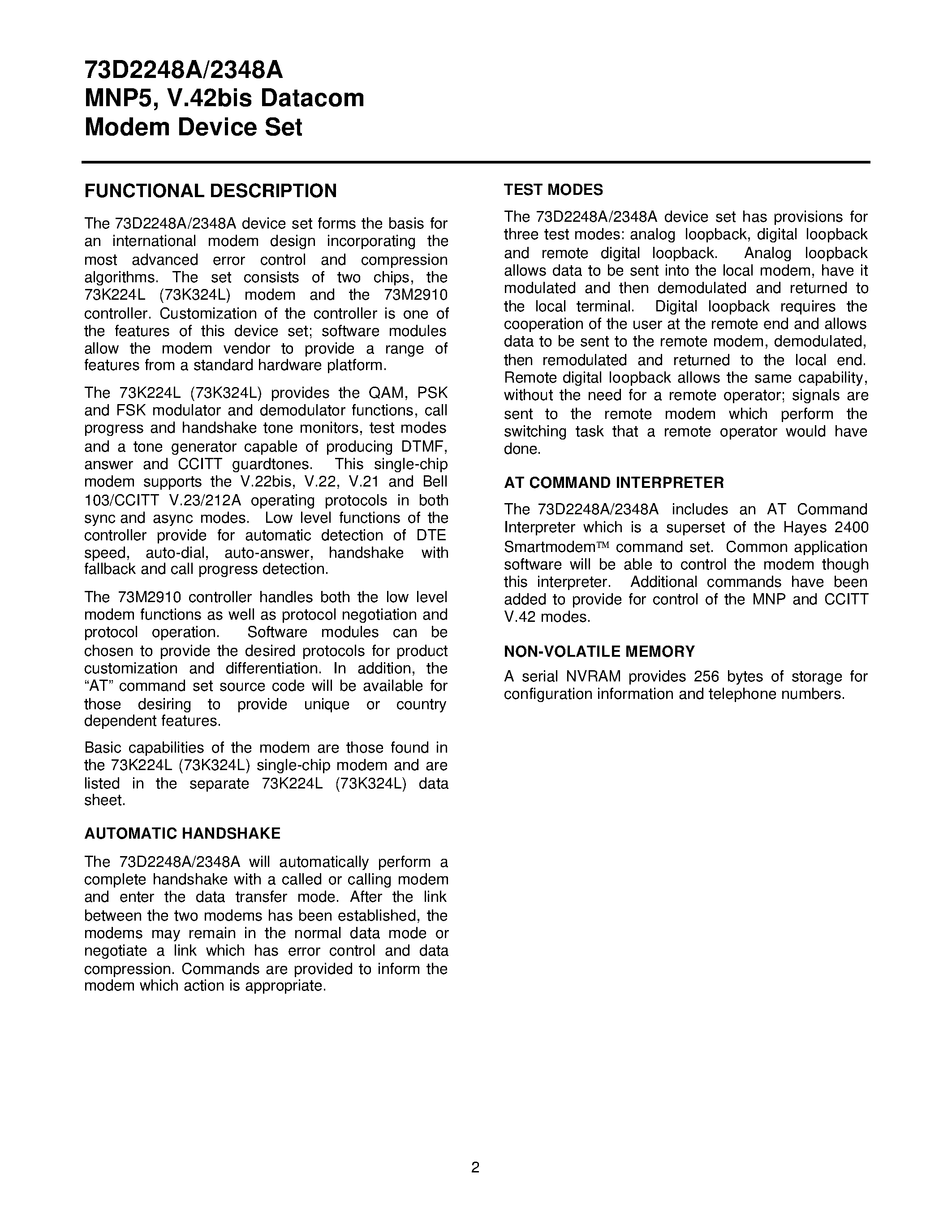 Datasheet 73D2248A - (73D2248A / 73D2348A) MNP5 / V.42bis Datacom Modem Device Set page 2