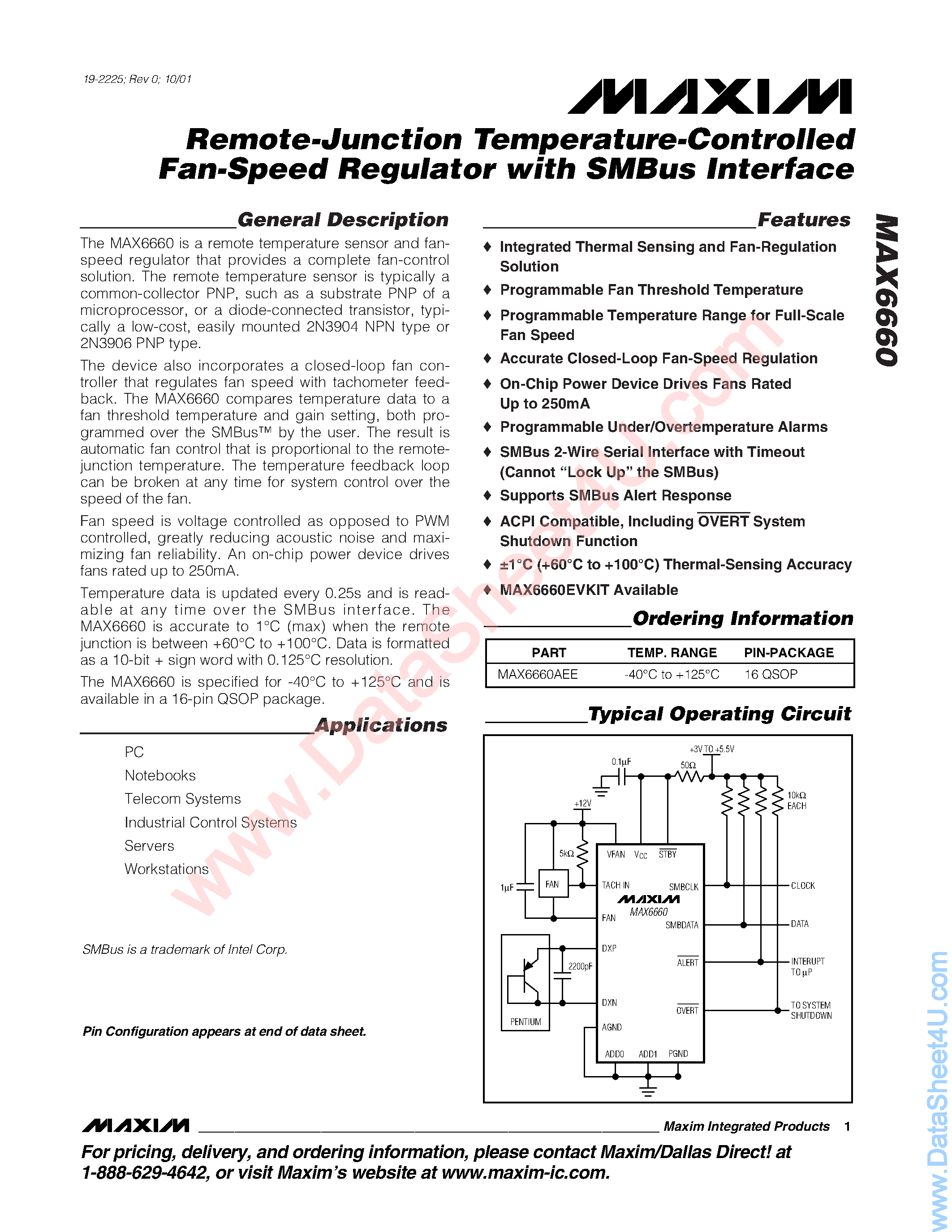 Datasheet MAX6660 - Remote Junction Temperature Controlled Fan Speed Regulator page 1