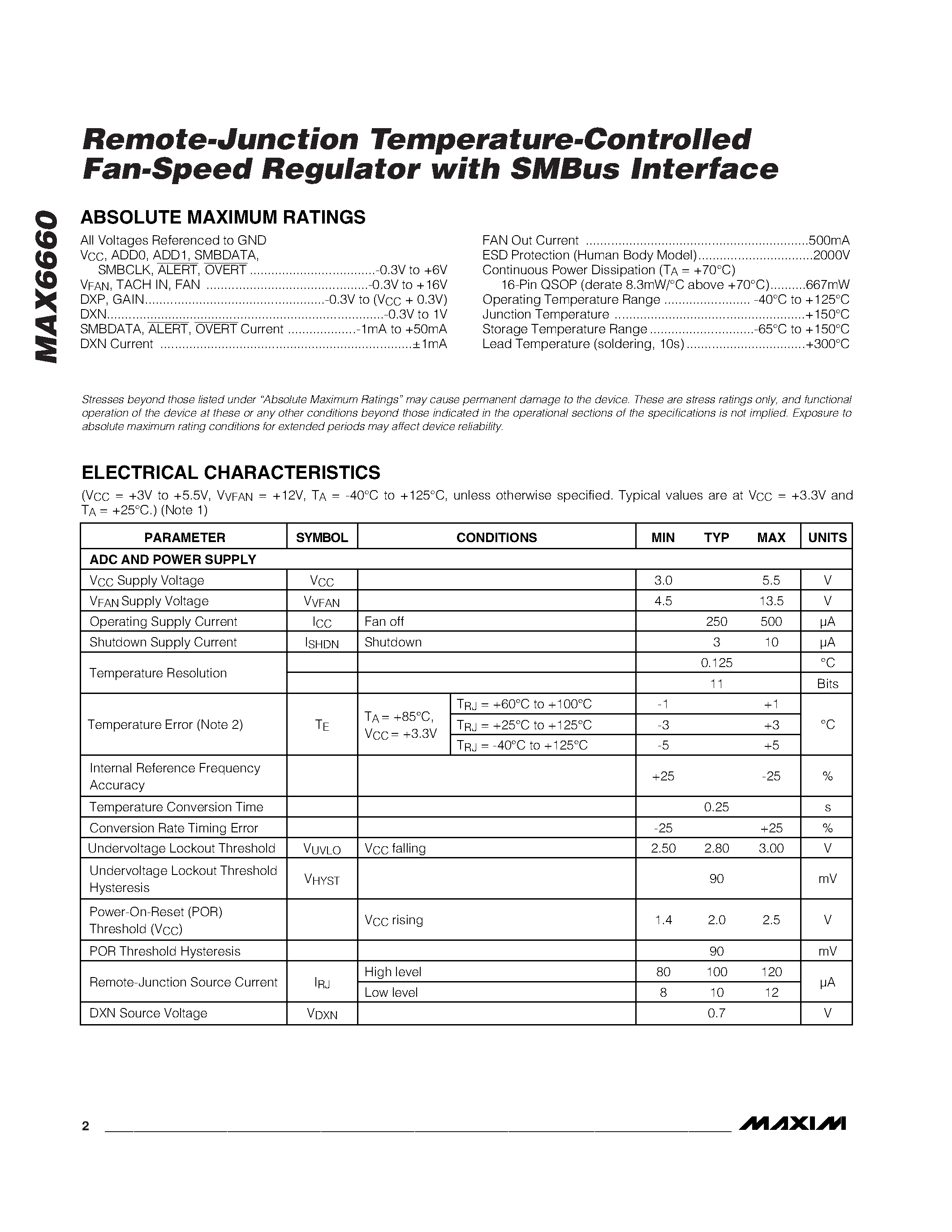 Datasheet MAX6660 - Remote Junction Temperature Controlled Fan Speed Regulator page 2